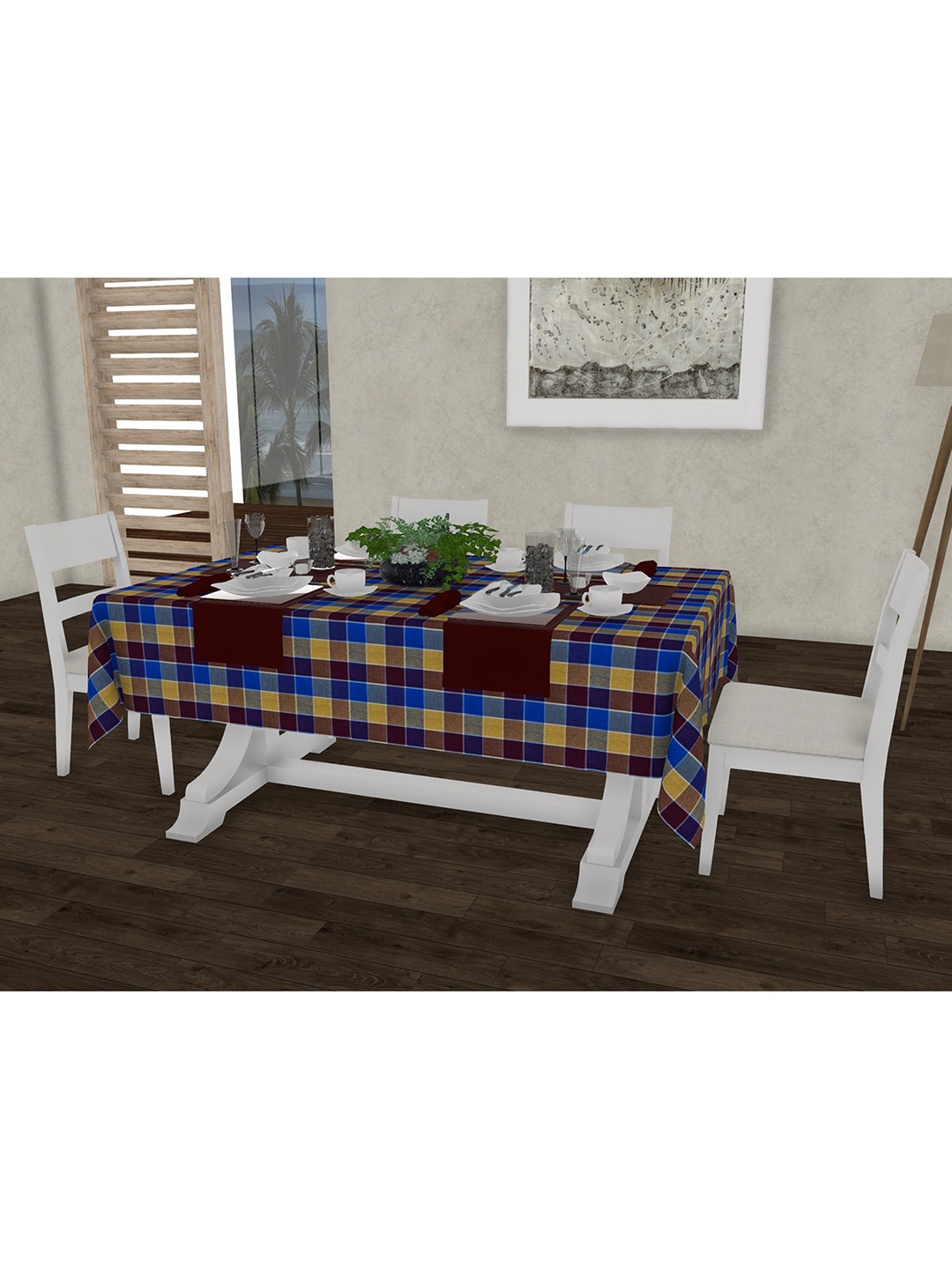 

Lushomes Blue & Yellow Checked 6 Seater Cotton Table Cover