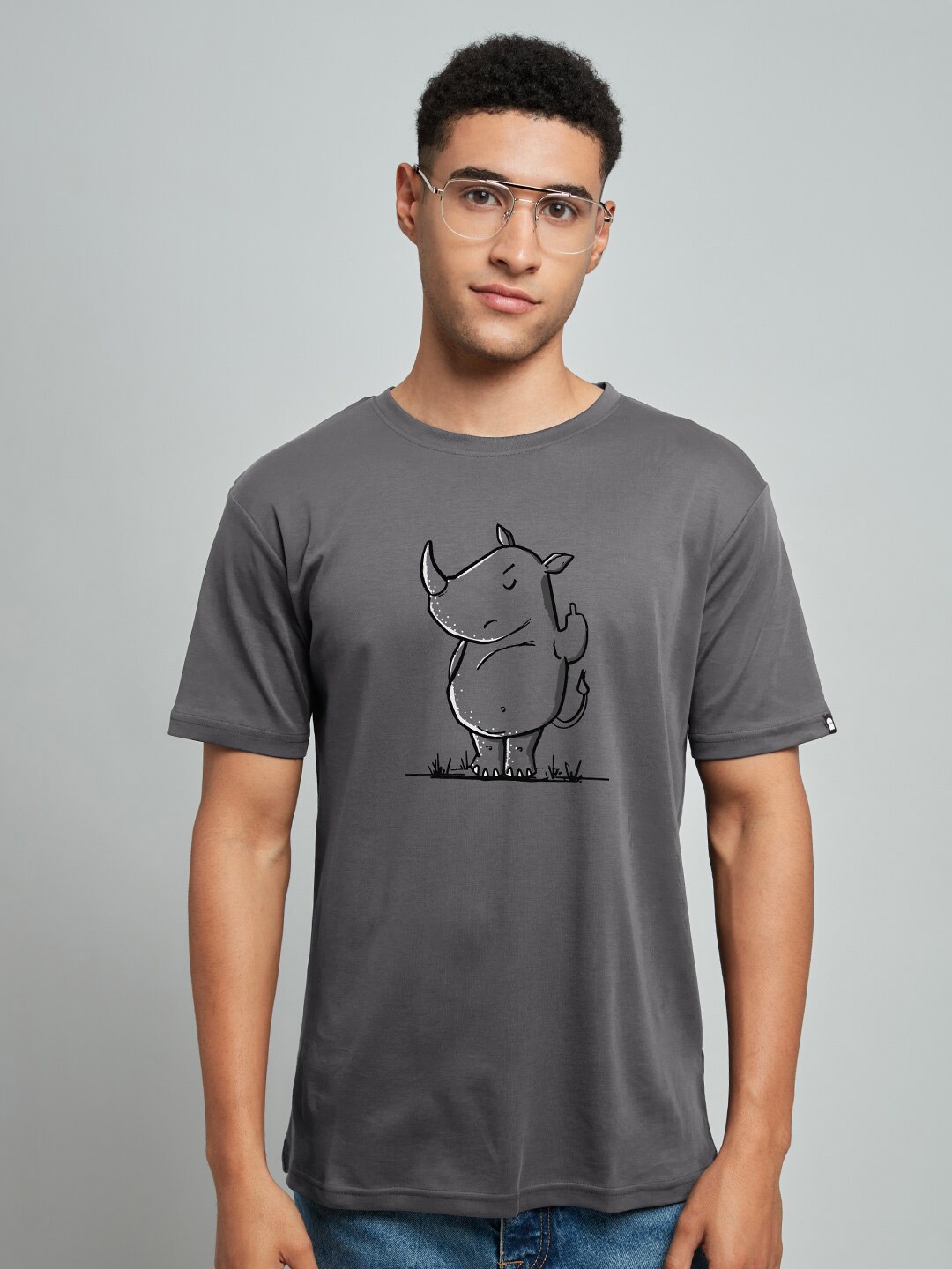 

The Souled Store Men Steel & rabbit Printed Raw Edge T-shirt