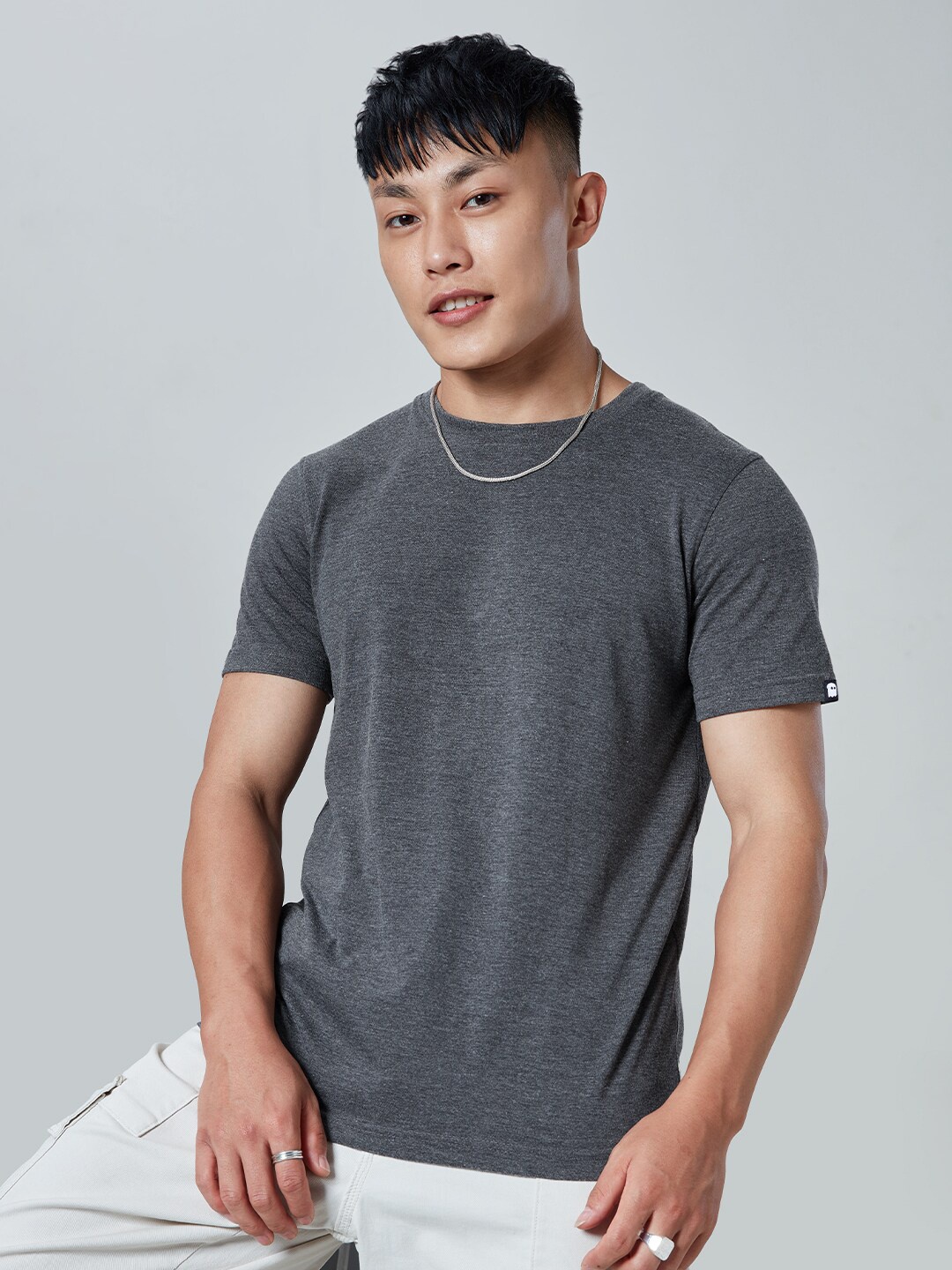 

The Souled Store Men Charcoal Raw Edge T-shirt