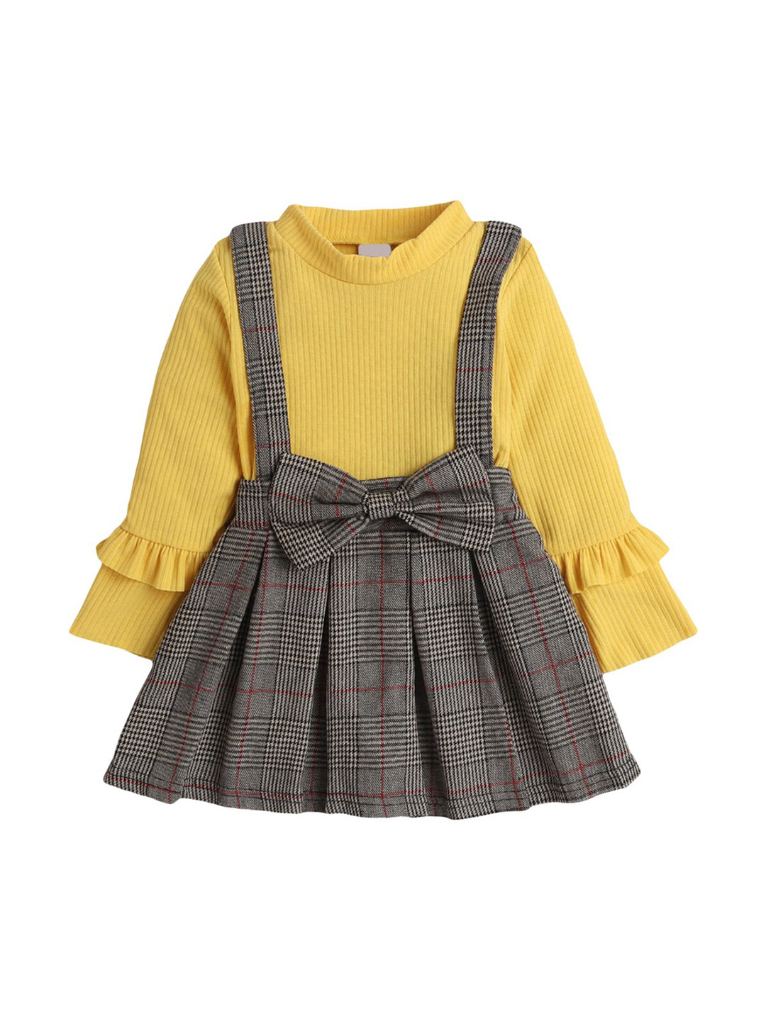 

Hopscotch Yellow & linden green Checked Pinafore Dress