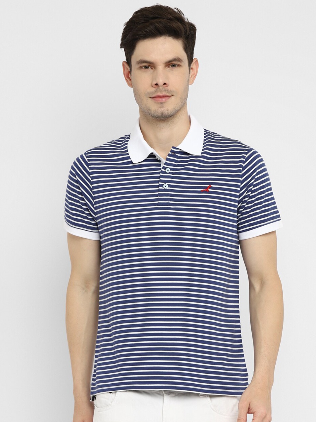 

American Crew Men Navy Blue Striped Polo Collar Applique T-shirt