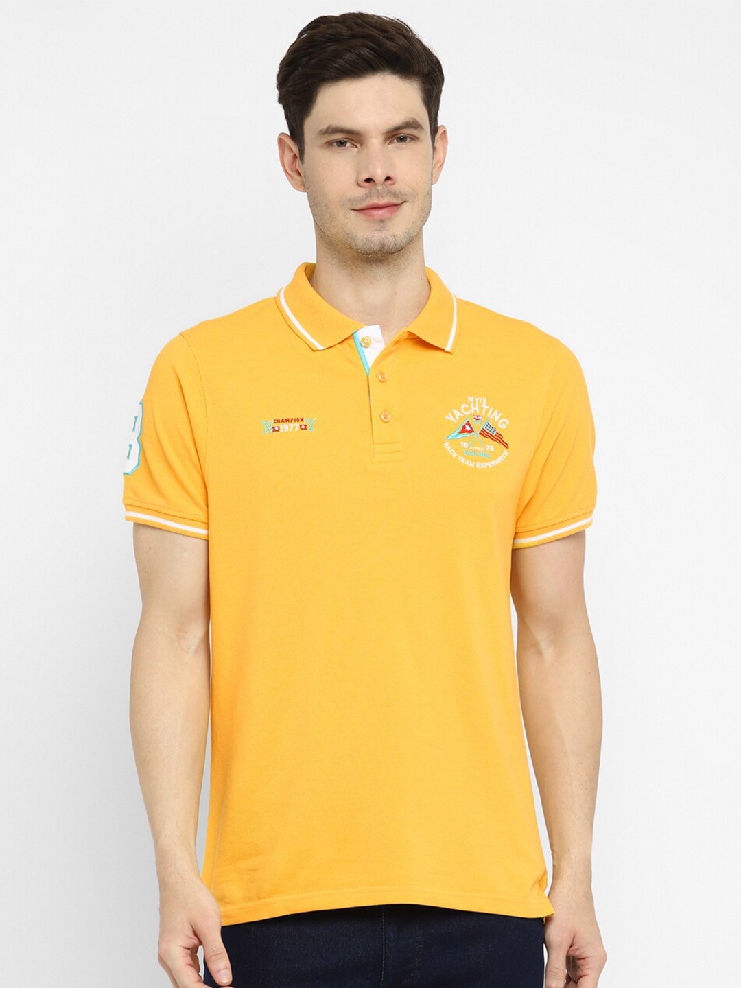 

American Crew Men Yellow Polo Collar Applique T-shirt