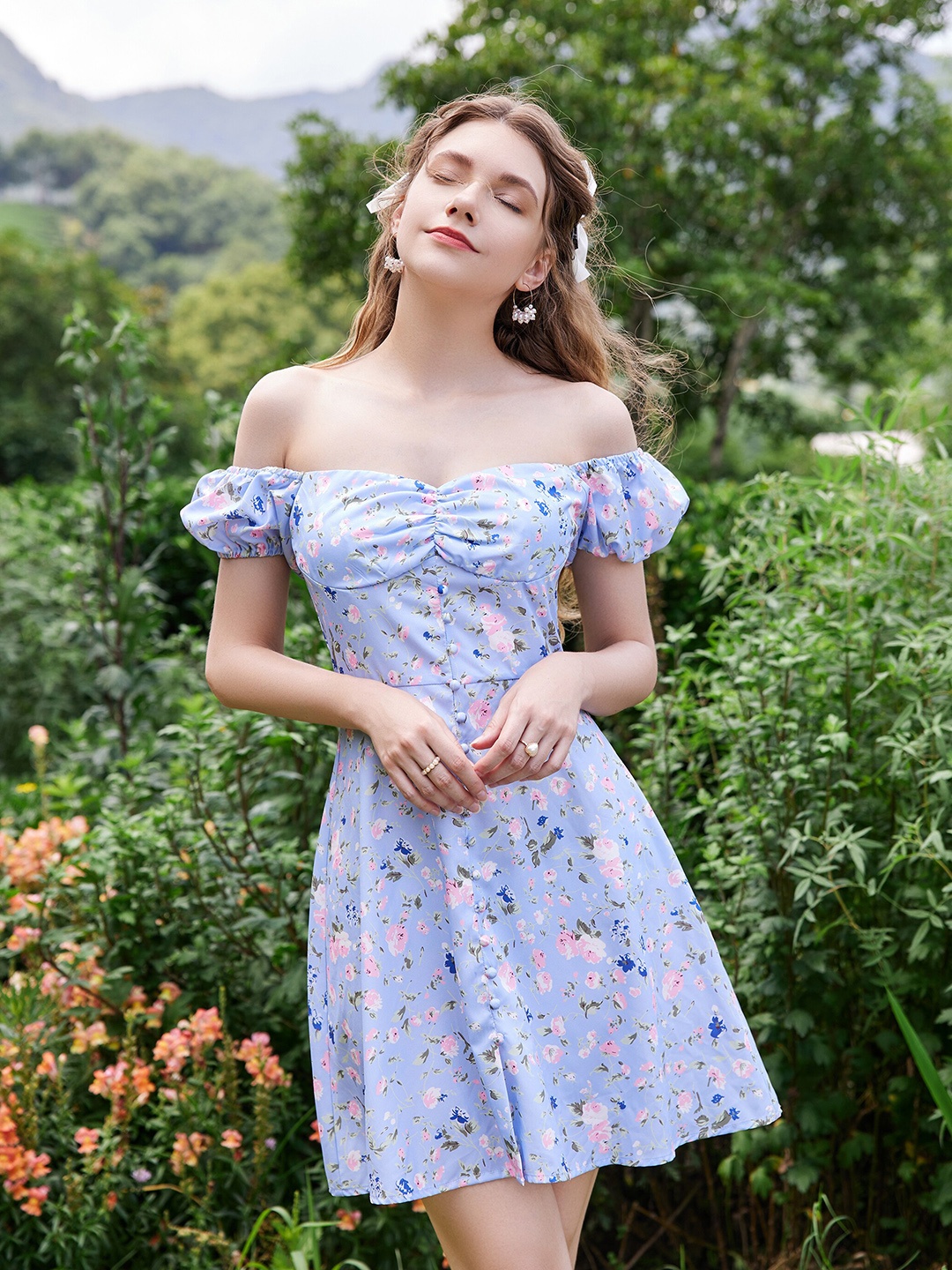 

URBANIC Blue Floral Off-Shoulder Dress