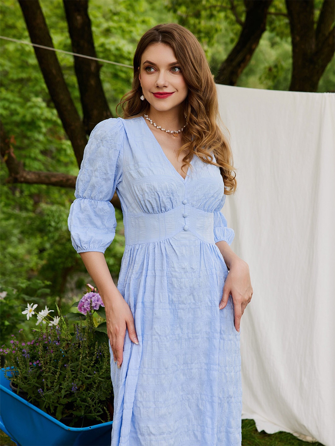 

URBANIC Blue Striped A-Line Midi Dress