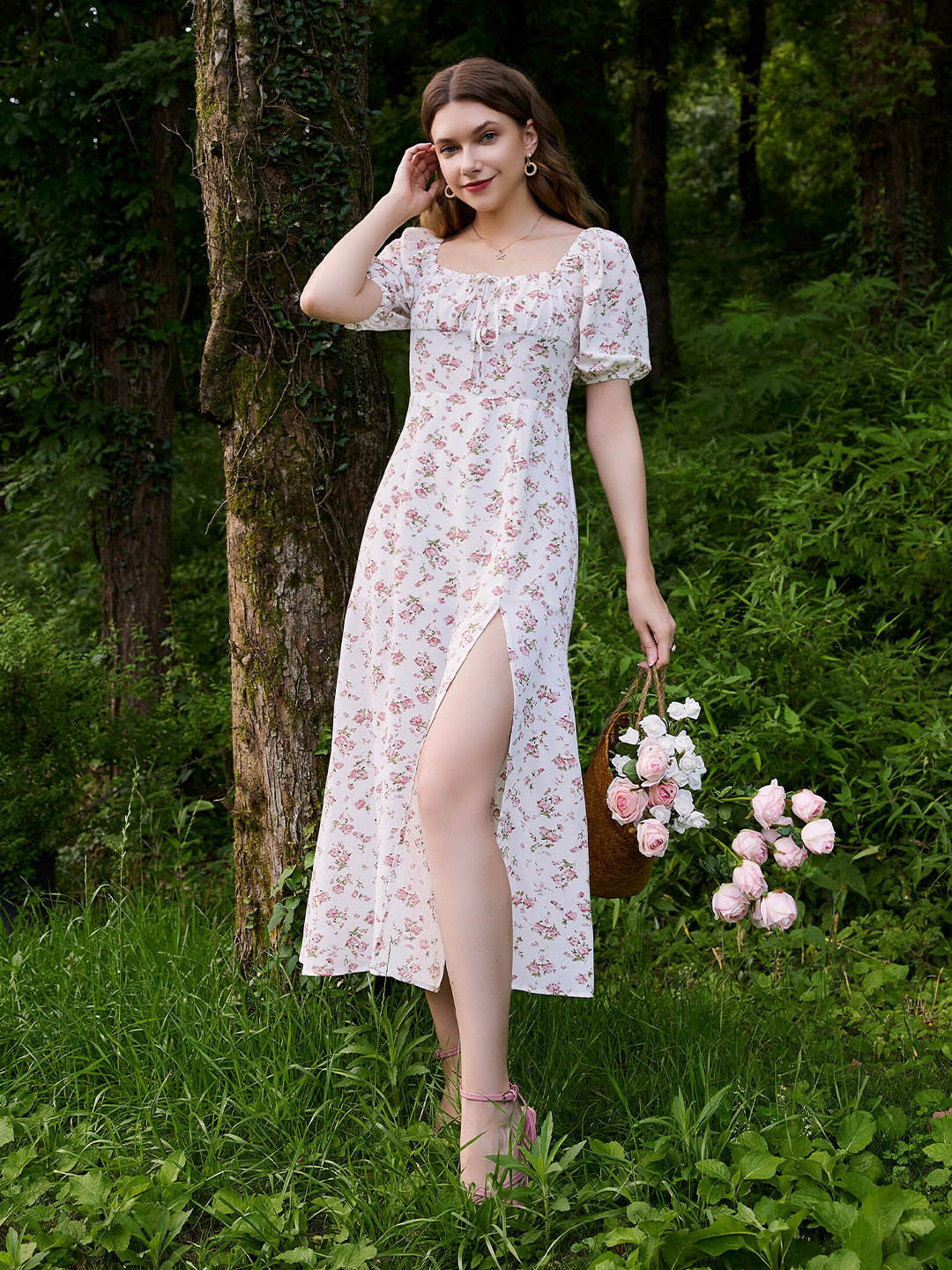 

URBANIC White Floral A-Line Midi Dress