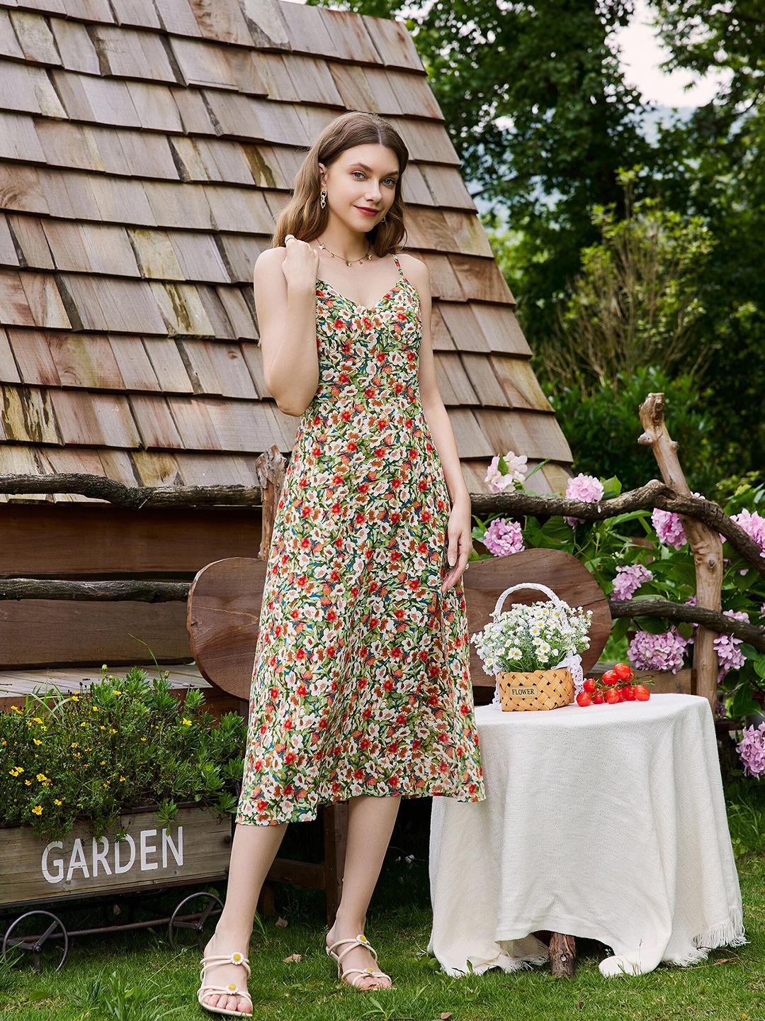 

URBANIC Red Floral A-Line Midi Dress