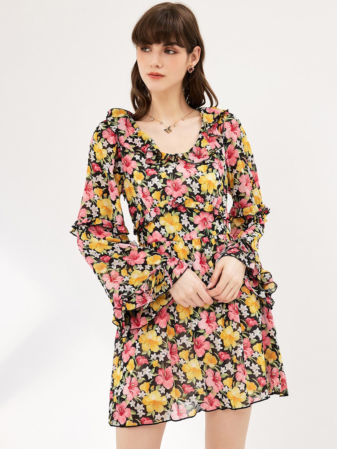 

URBANIC Multicoloured Floral A-Line Dress, Multi