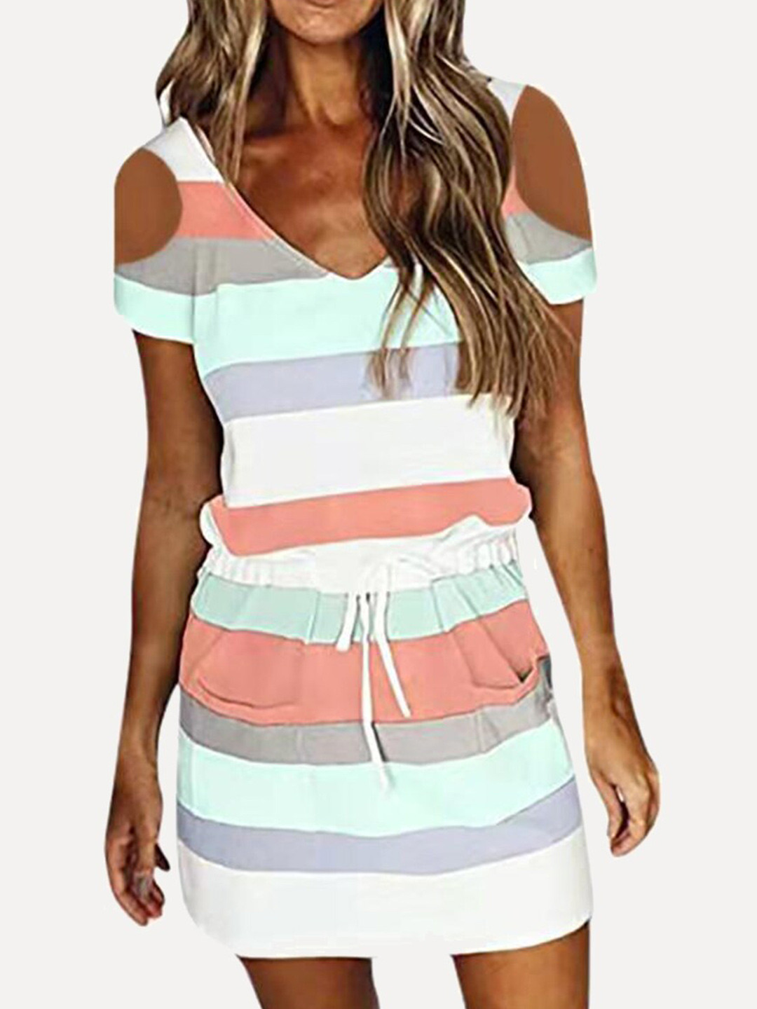 

URBANIC Green Striped A-Line Mini Dress