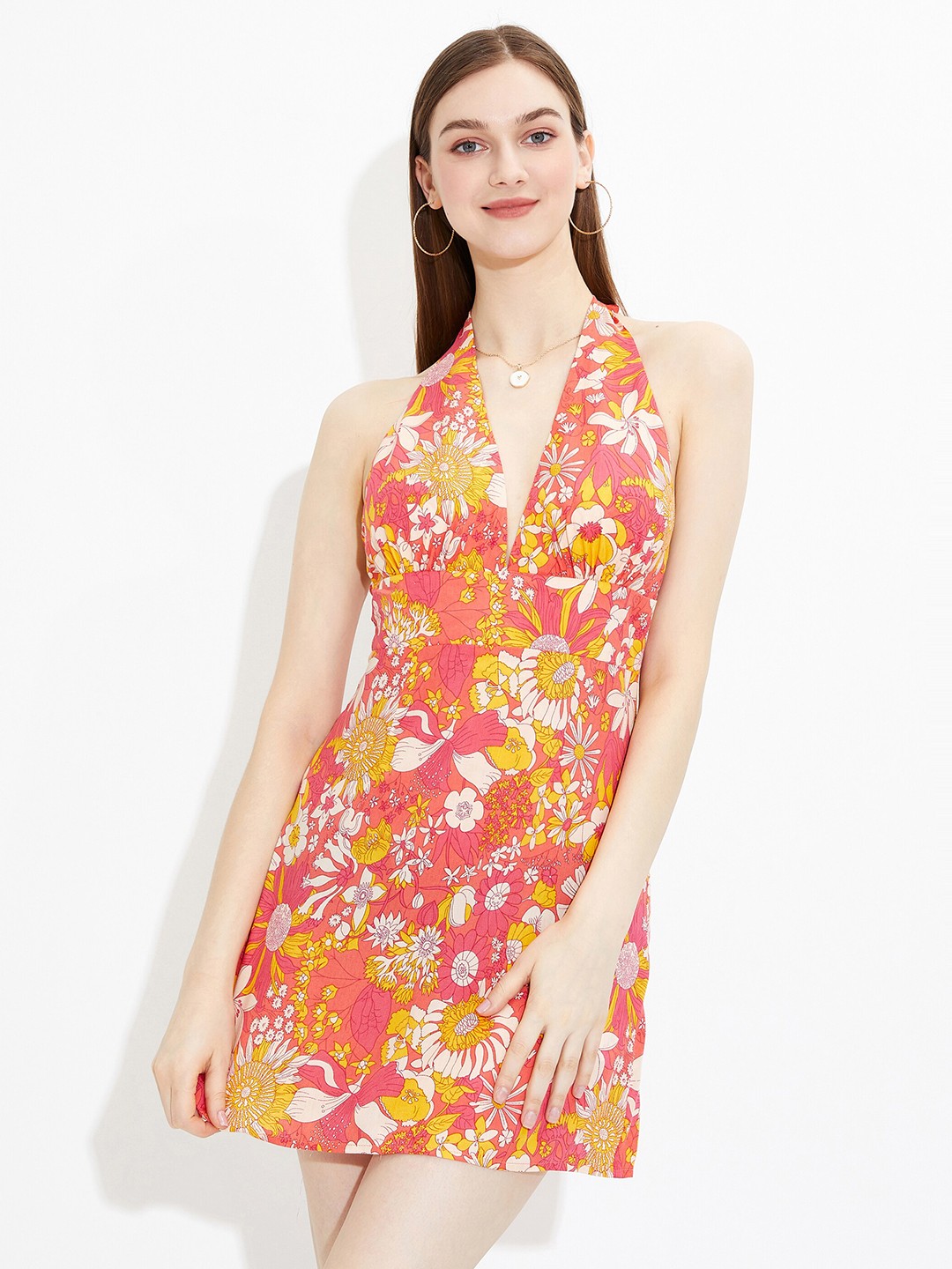 

URBANIC Orange Floral Halter Neck A-Line Mini Dress