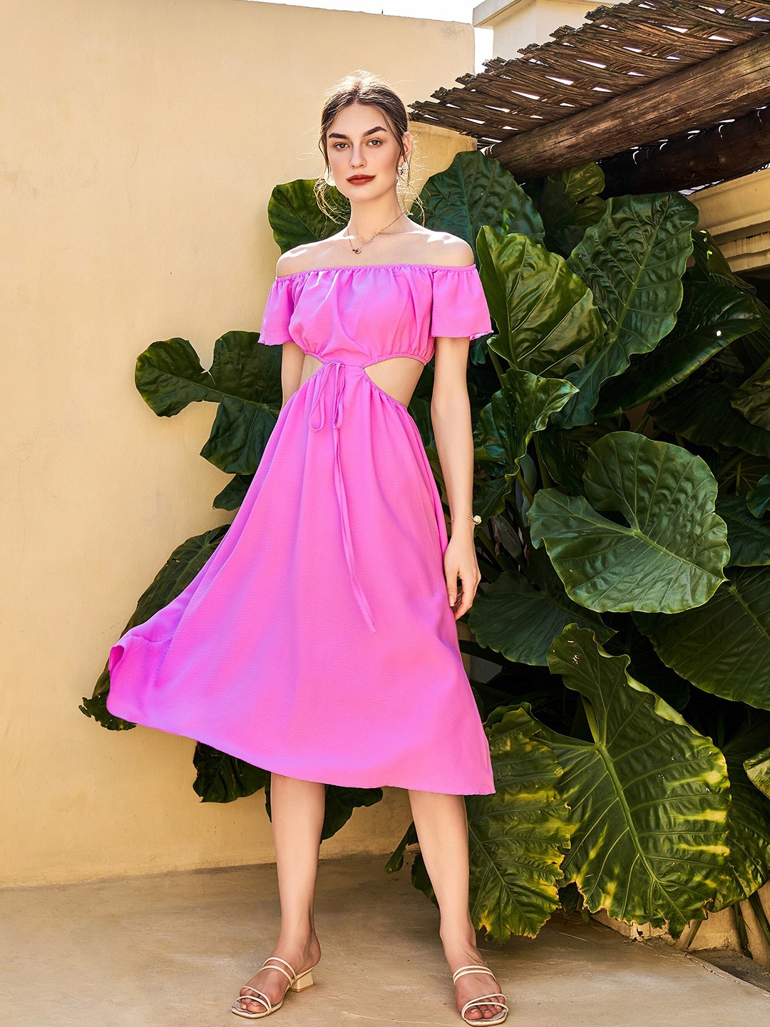 

URBANIC Purple Off-Shoulder A-Line Midi Dress