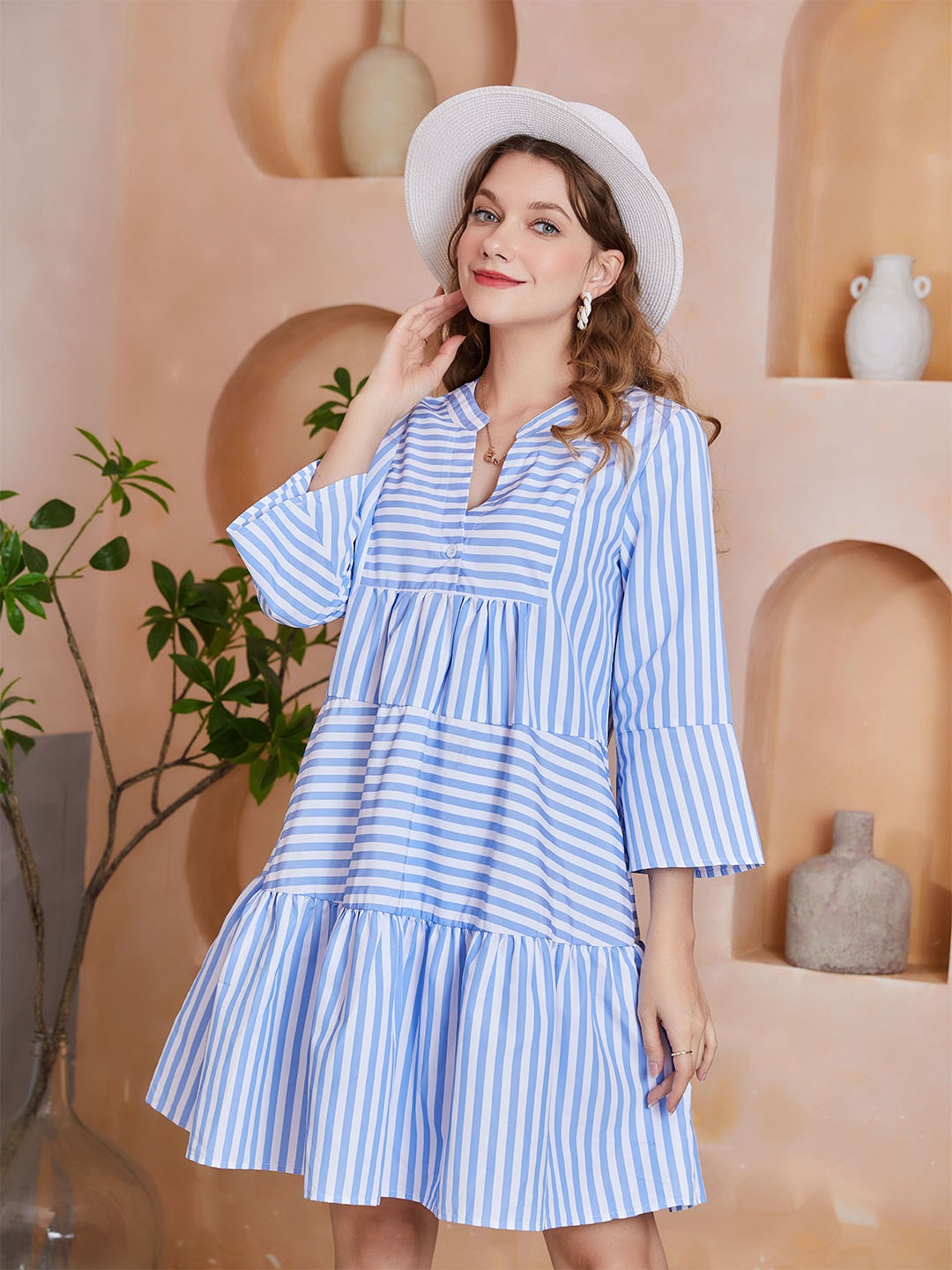 

URBANIC Blue Striped A-Line Dress