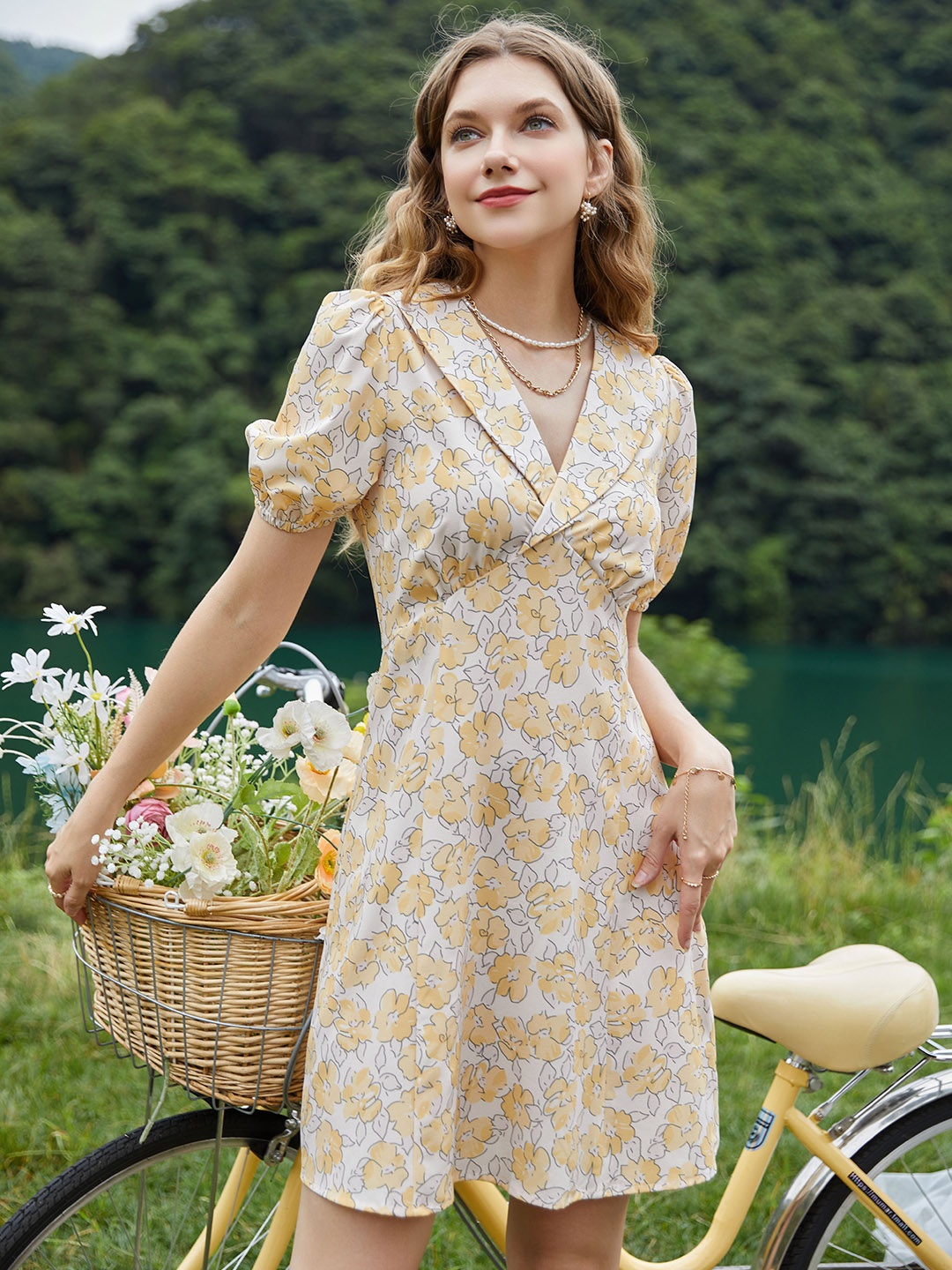 

URBANIC Yellow Floral A-Line Dress