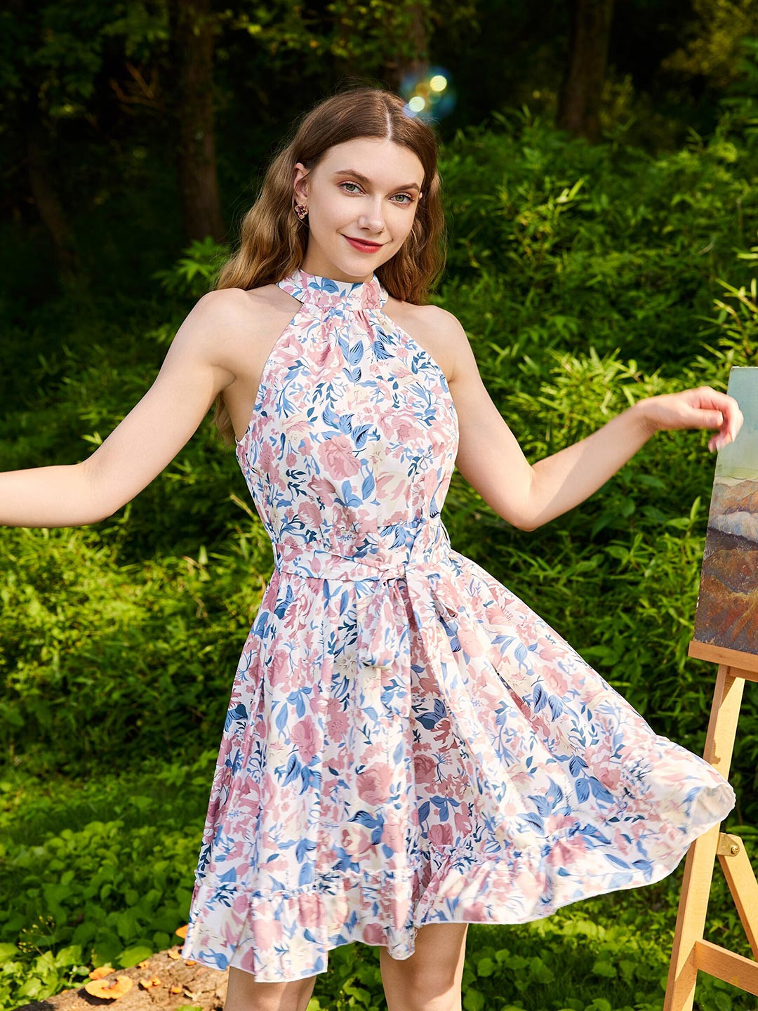 

URBANIC Pink Floral Halter Neck A-Line Midi Dress