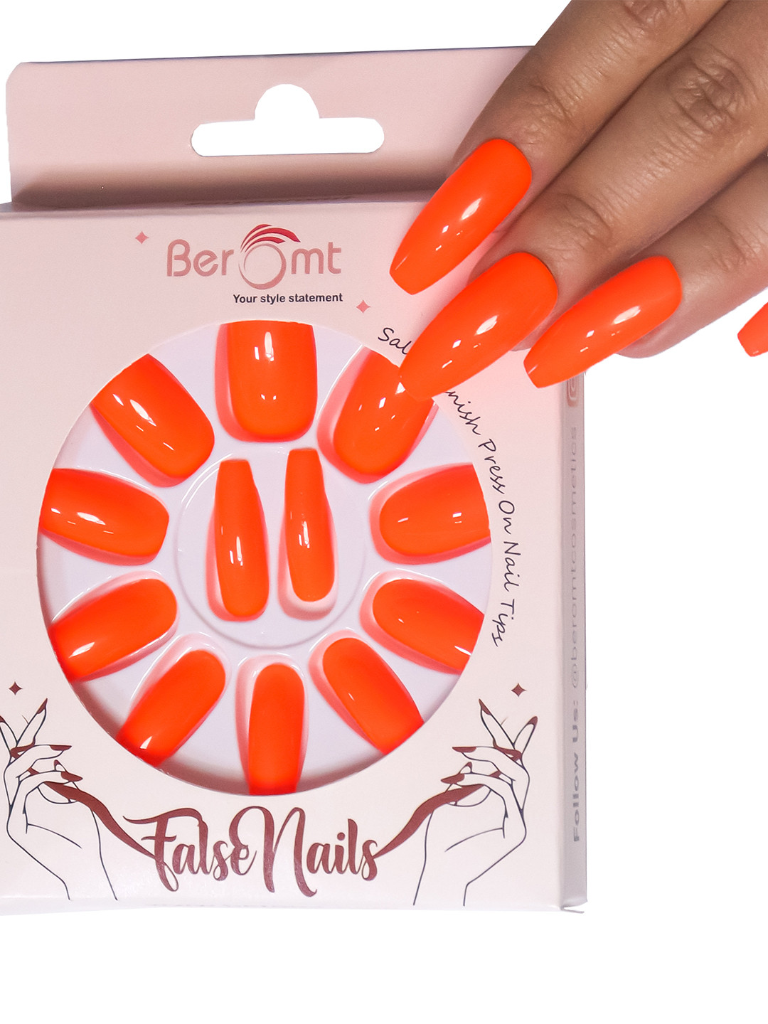

BEROMT Salon Finish Premium Glossy Press-On False Nail Tips Kit - Shade 409, Orange