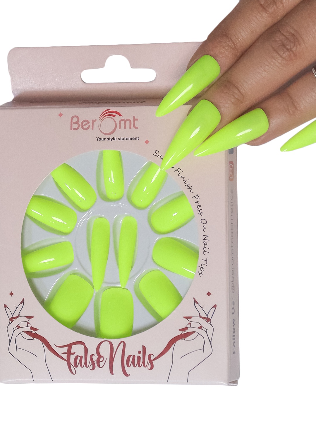 

BEROMT Salon Finish Premium Glossy Press-On False Nail Tips Kit - Shade 406, Fluorescent green