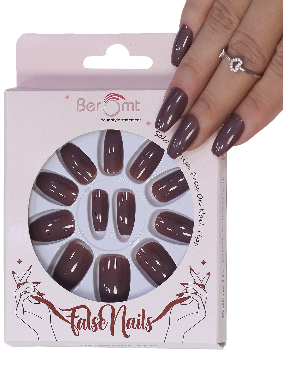 

BEROMT Salon Finish Premium Glossy Press-On False Nail Tips Kit - Shade 350, Brown