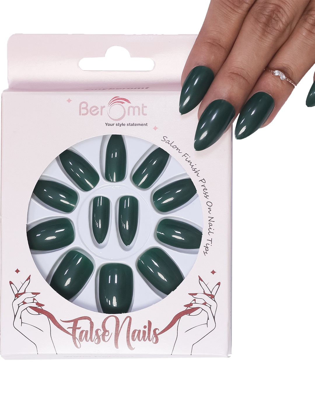 

BEROMT 12 Pcs Long-Lasting Reusable Premium Glossy Salon Finish Press on Nails - Shade 324, Green