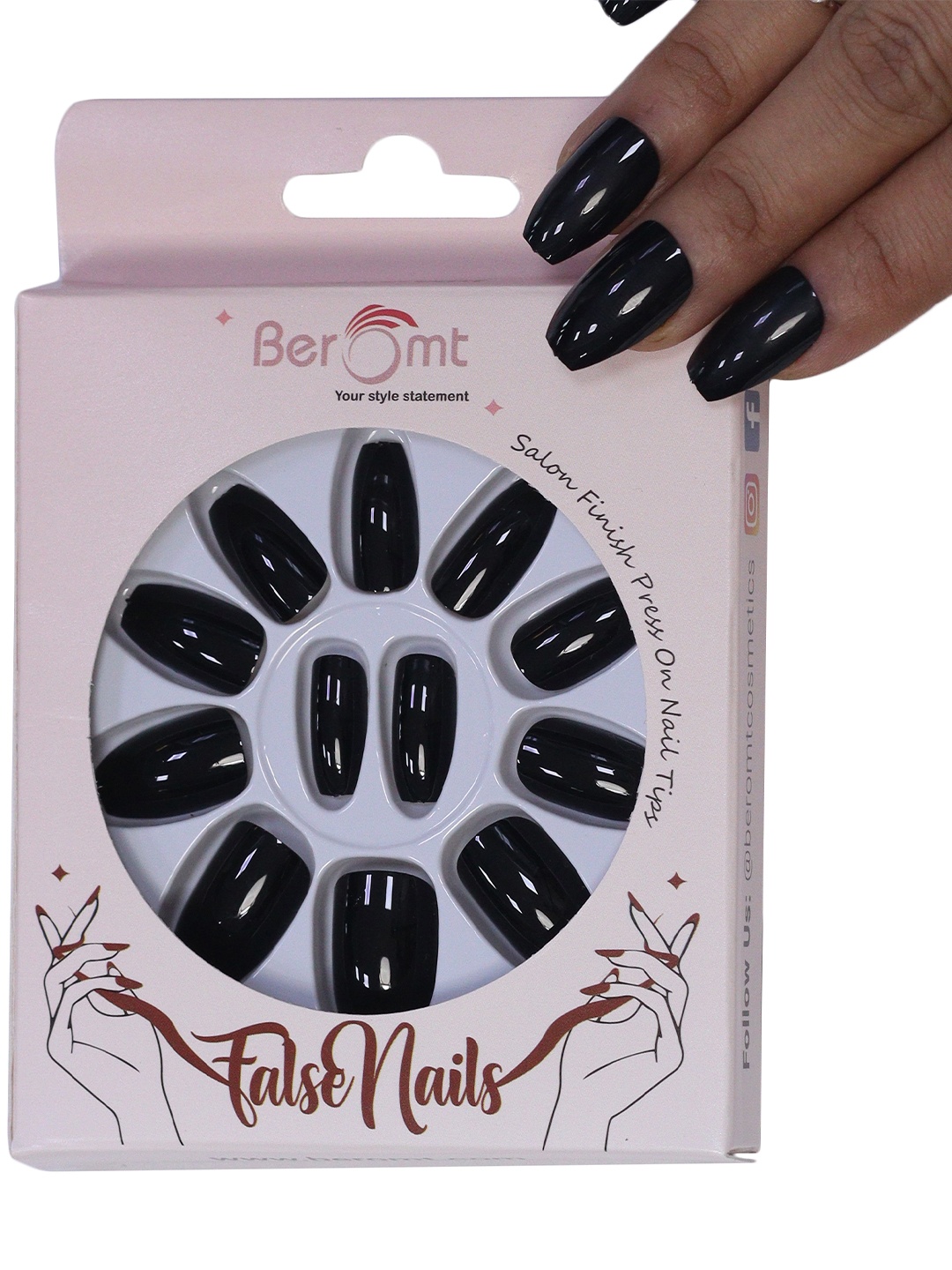 

BEROMT Salon Finish Premium Glossy Press-On False Nail Tips Kit - Shade 384, Black