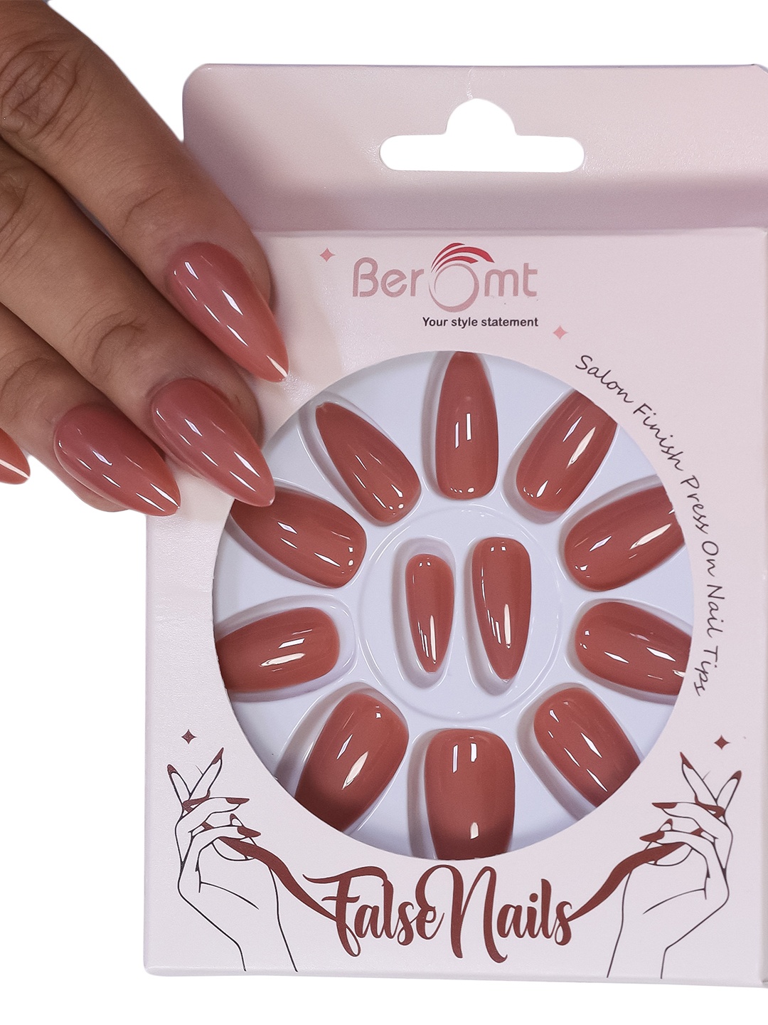 

BEROMT Salon Finish Premium Glossy Press-On False Nail Tips Kit - Shade 393, Brown