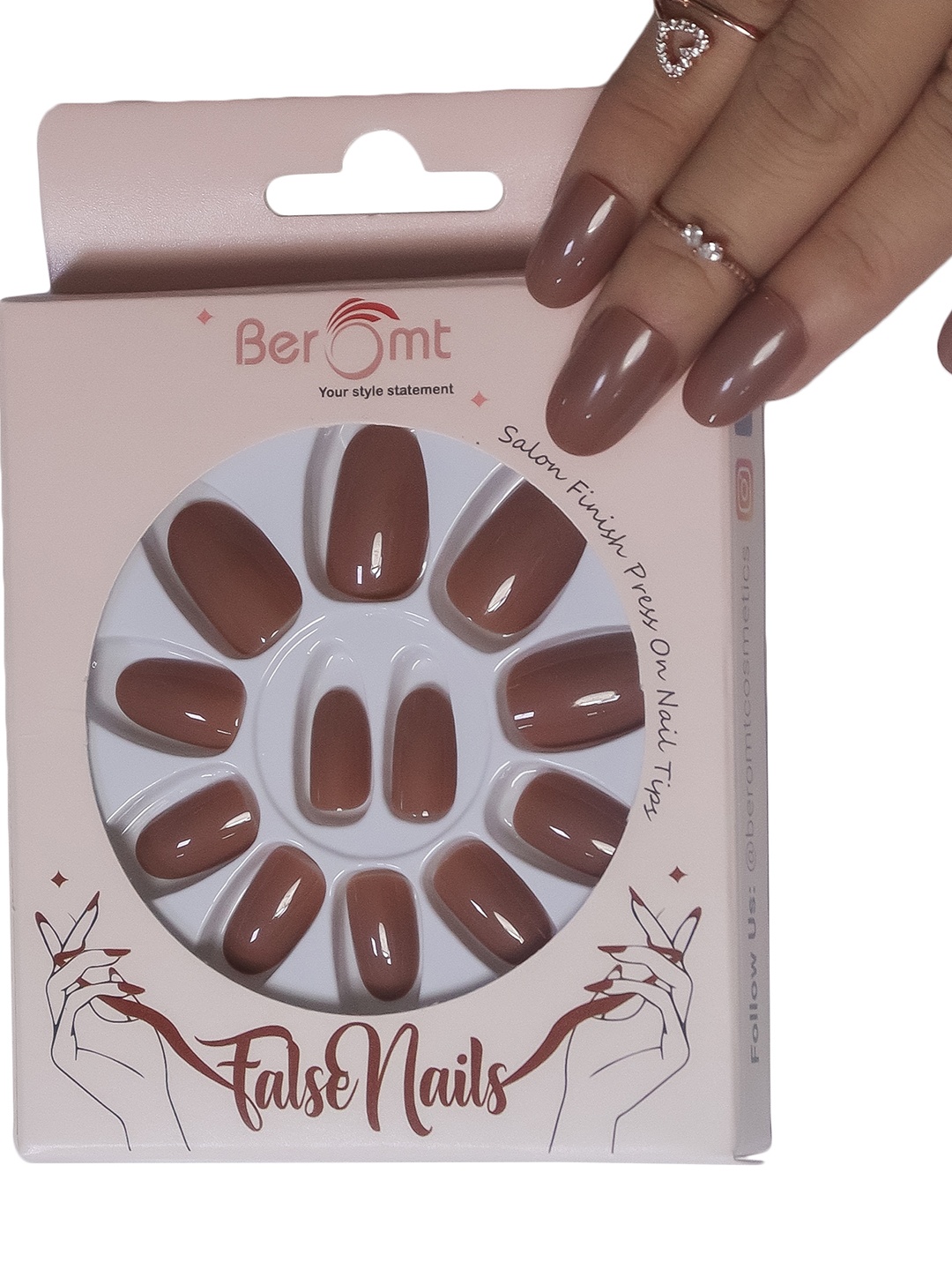 

BEROMT 12 Pcs Long-Lasting Reusable Lightweight Salon Finish Press on Nail Tips - 332, Brown
