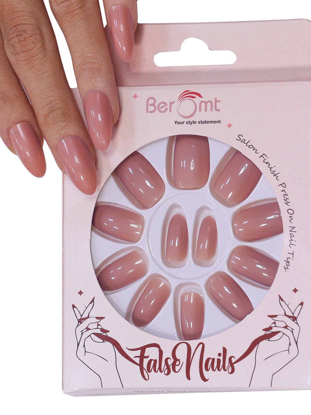 

BEROMT 12 Pcs Long-Lasting Reusable Premium Glossy Salon Finish Press on Nails - Shade 301, Brown
