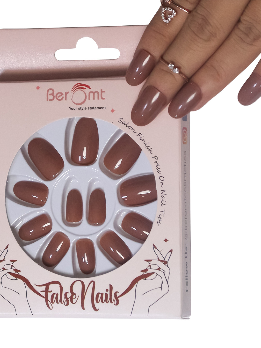 

BEROMT 12 Pcs Long-Lasting Reusable Premium Glossy Salon Finish Press on Nails - Shade 308, Brown
