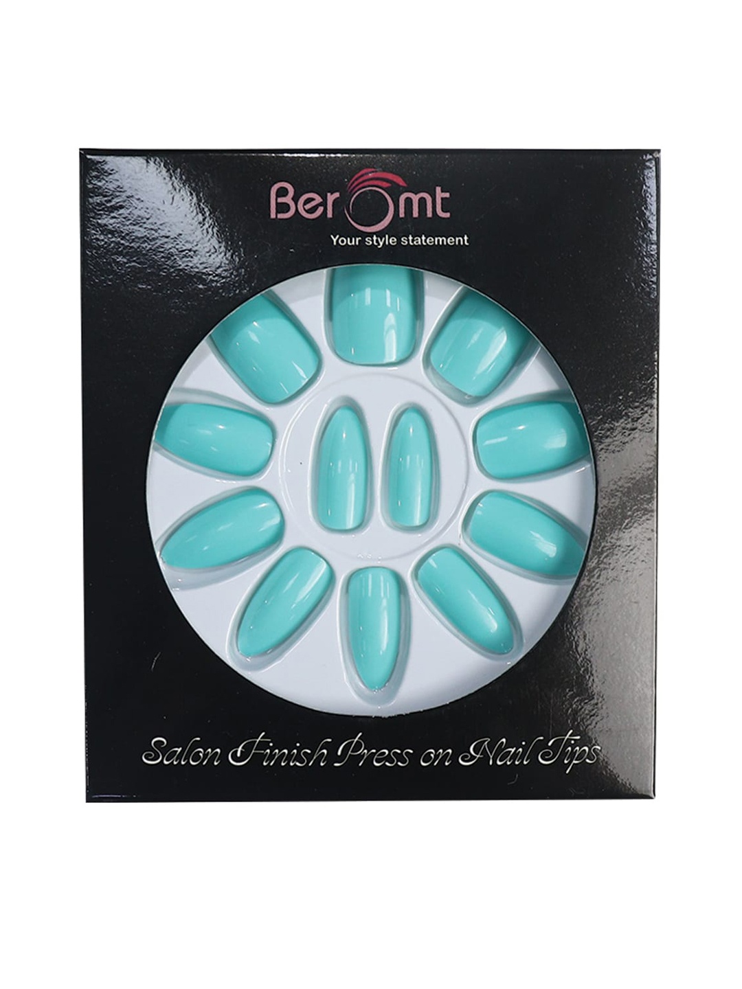 

BEROMT 12 Pcs Long-Lasting Reusable Lightweight Salon Finish Press on Nail Tips-438, Turquoise blue