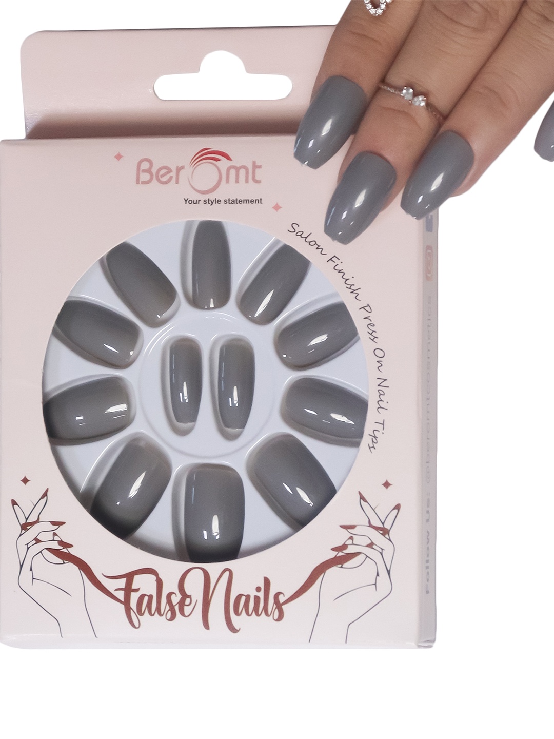 

BEROMT Salon Finish Premium Glossy Press-On False Nail Tips Kit - Shade 385, Grey