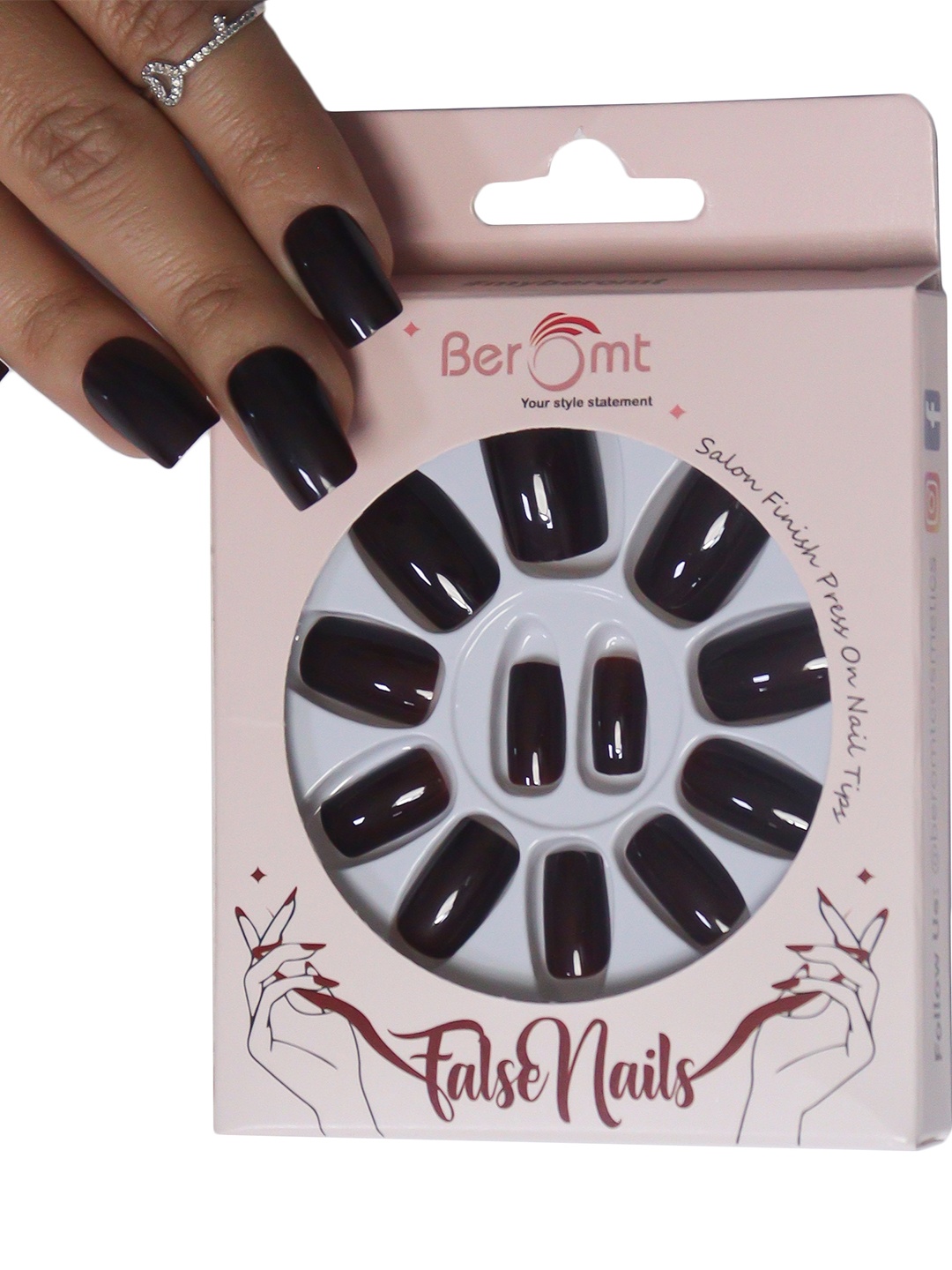 

BEROMT Salon Finish Premium Glossy Press-On False Nail Tips Kit - Shade 369, Black