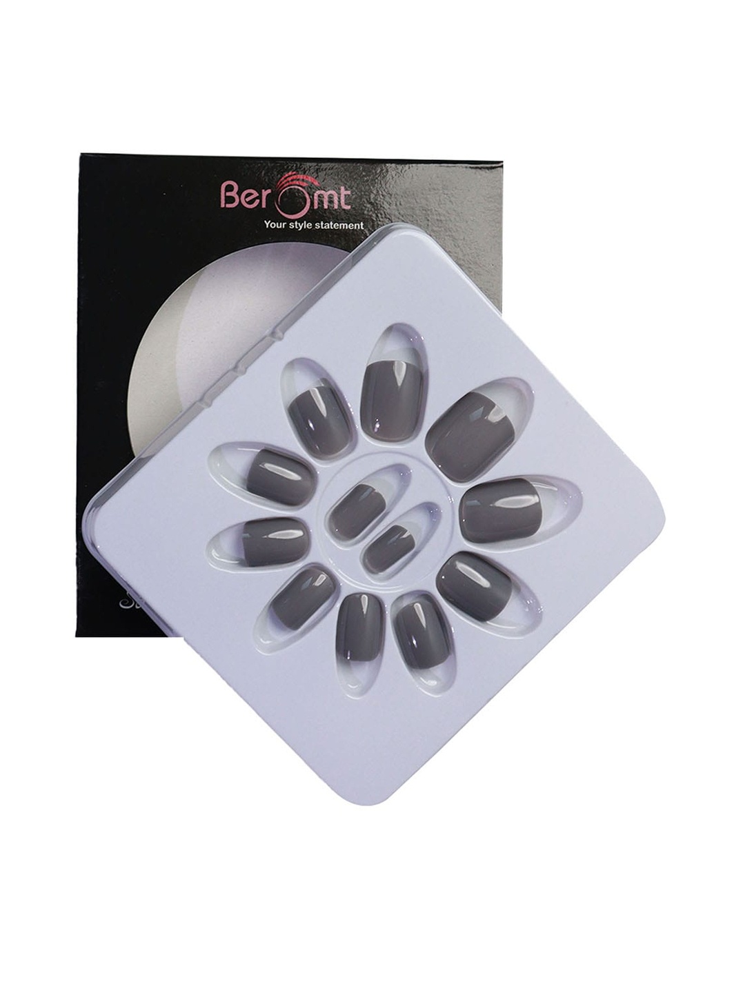 

BEROMT Salon Finish Premium Glossy Press-On False Nail Tips Kit - Shade 366, Grey