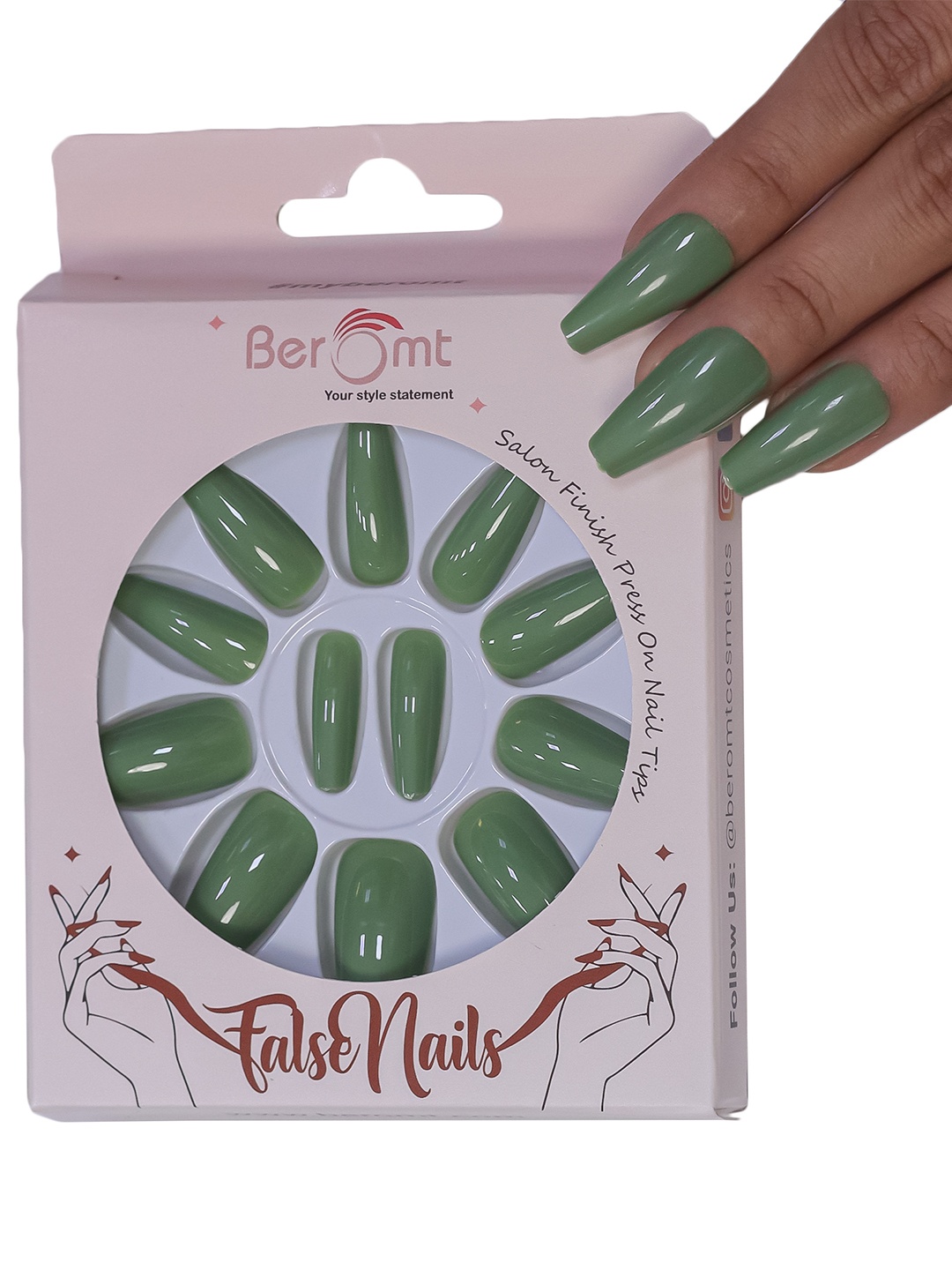 

BEROMT Salon Finish Premium Glossy Press-On False Nail Tips Kit - Shade 417, Green