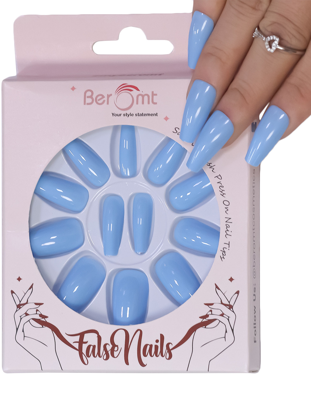 

BEROMT 12 Pcs Long-Lasting Reusable Lightweight Salon Finish Press on Nail Tips-420, Blue