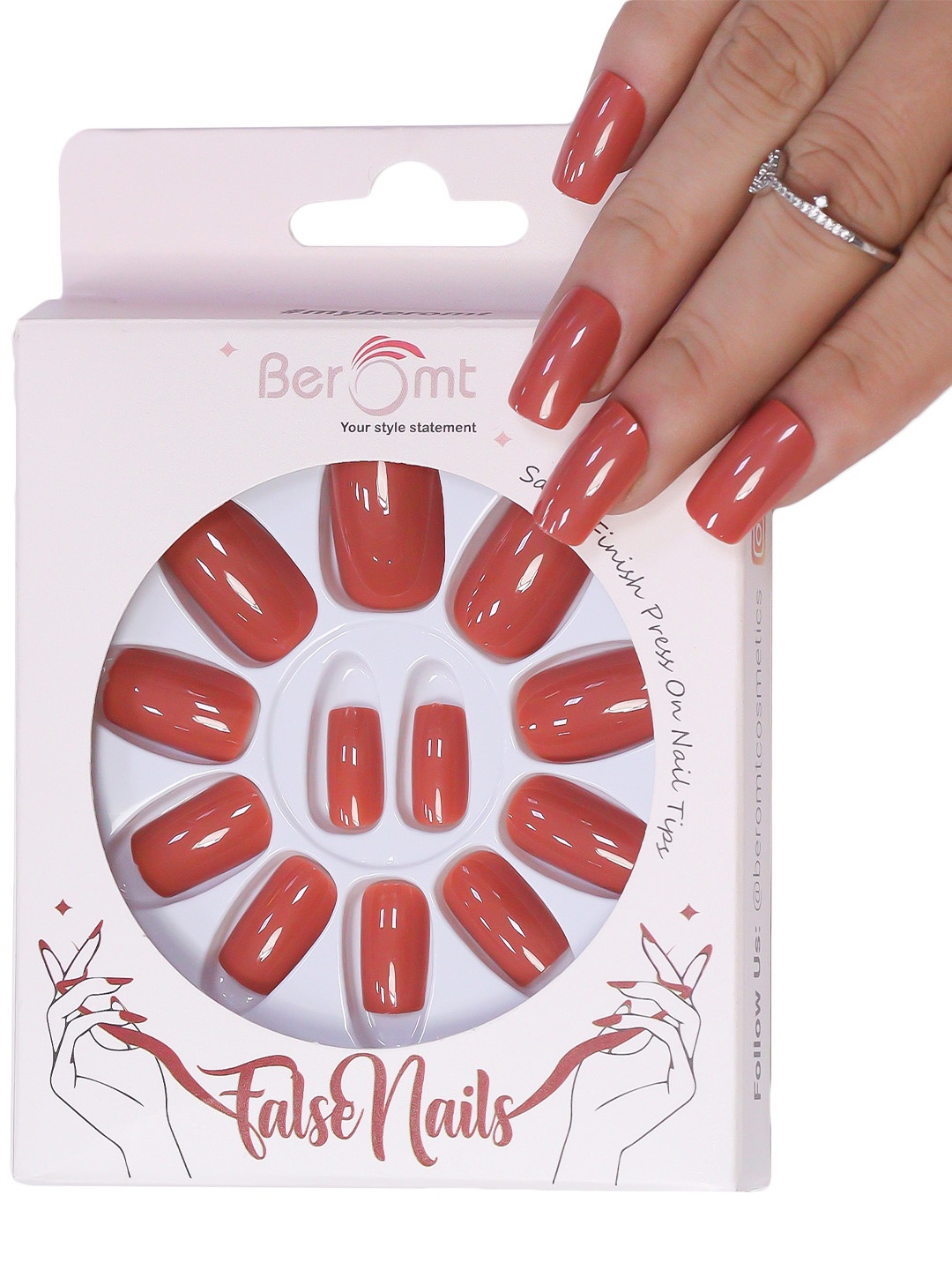 

BEROMT 12 Pcs Long-Lasting Reusable Premium Glossy Salon Finish Press on Nails - Shade 316, Maroon