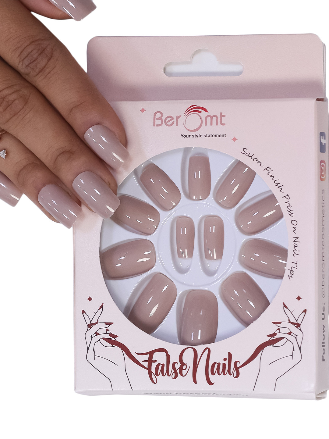 

BEROMT Salon Finish Premium Glossy Press-On False Nail Tips Kit - Shade 394, Nude