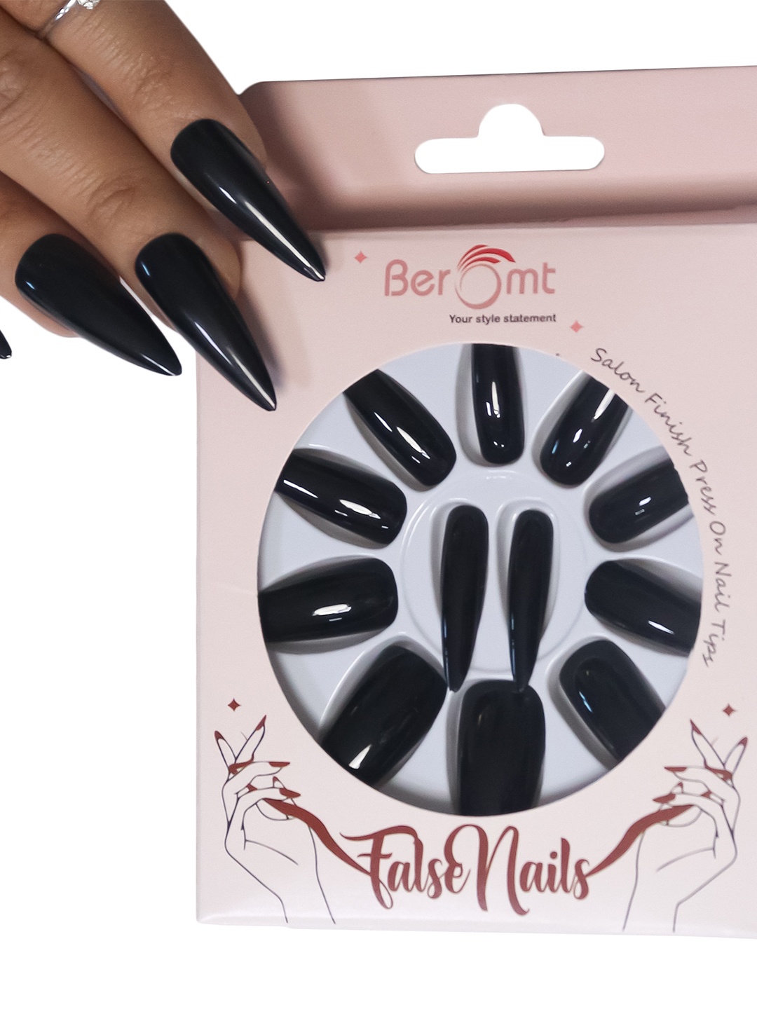 

BEROMT Salon Finish Premium Glossy Press-On False Nail Tips Kit - Shade 408, Black