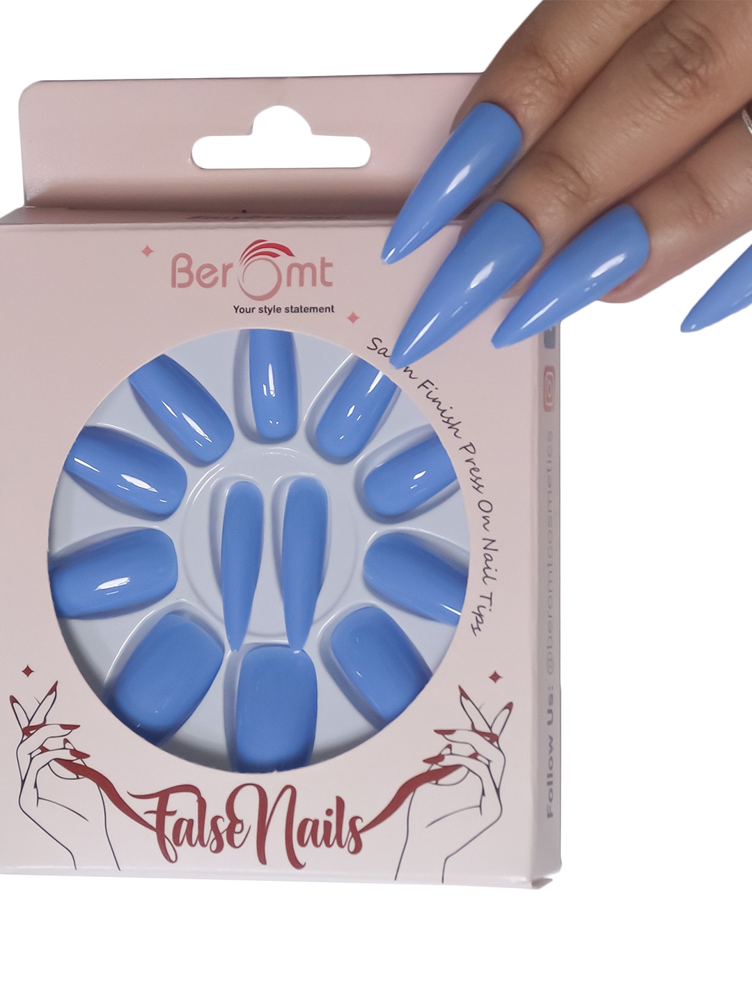 

BEROMT 12 Pcs Long-Lasting Reusable Lightweight Salon Finish Press on Nail Tips-423, Blue