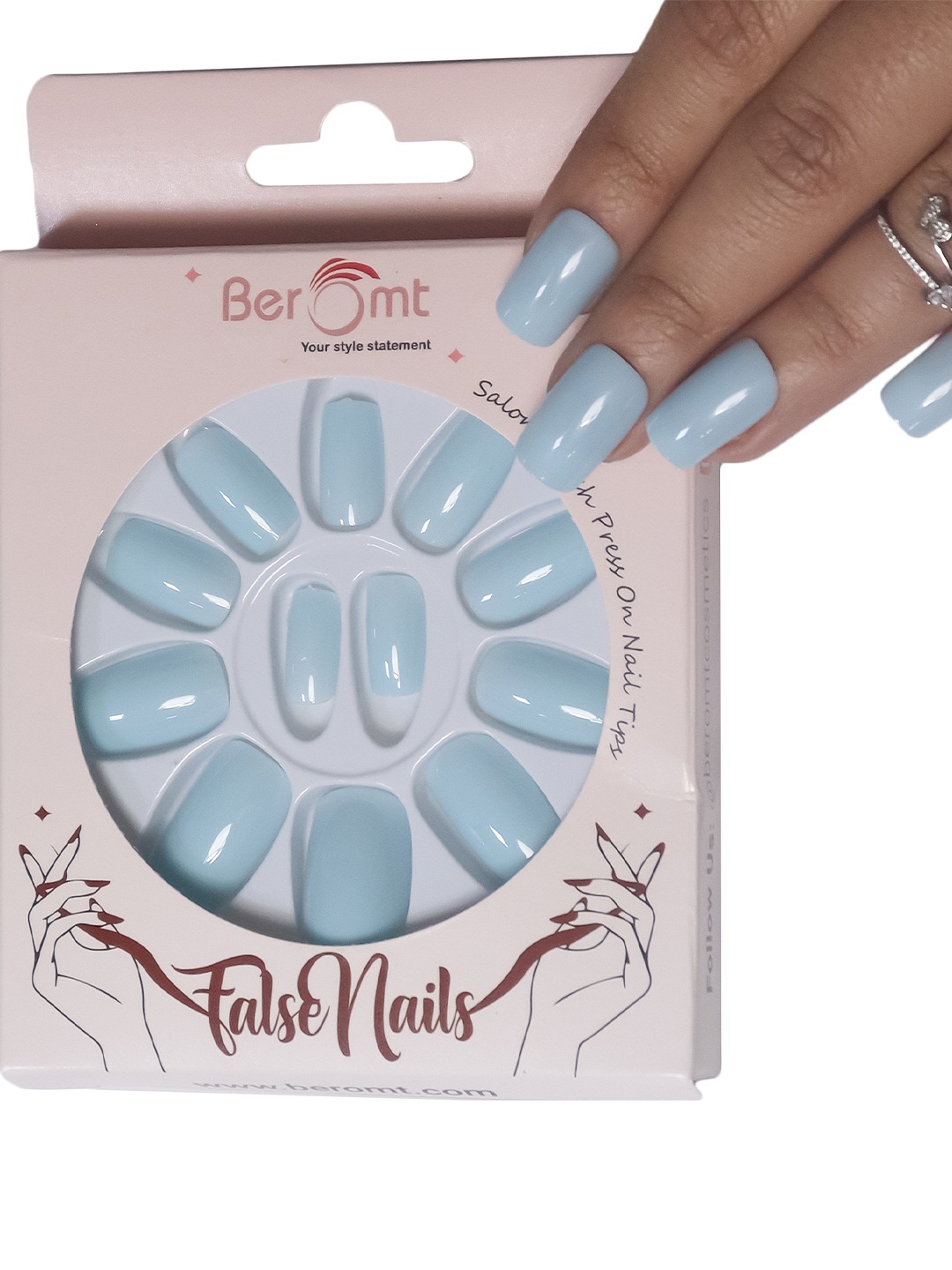 

BEROMT Salon Finish Premium Glossy Press-On False Nail Tips Kit - Shade 404, Turquoise blue