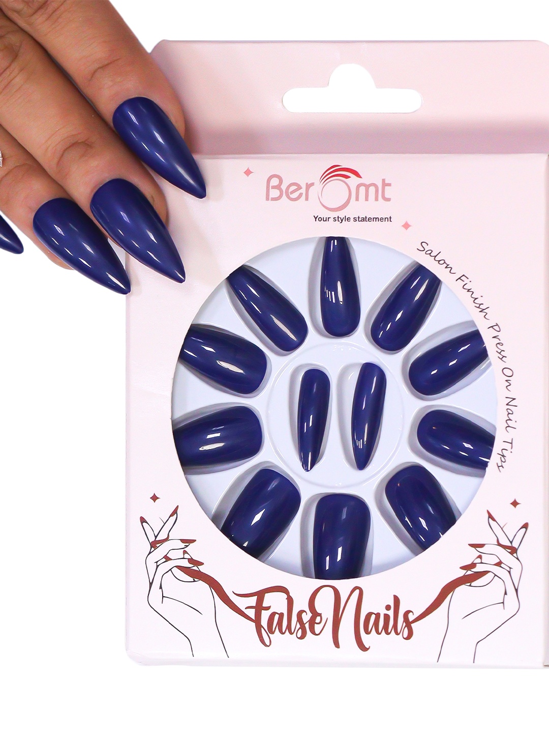 

BEROMT Salon Finish Premium Glossy Press-On False Nail Tips Kit - Shade 411, Navy blue