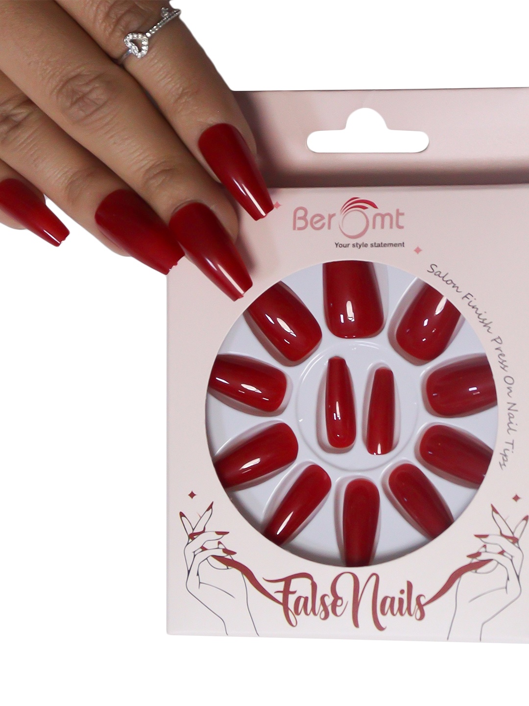

BEROMT 12 Pcs Long-Lasting Reusable Premium Glossy Salon Finish Press on Nails - Shade 309, Red