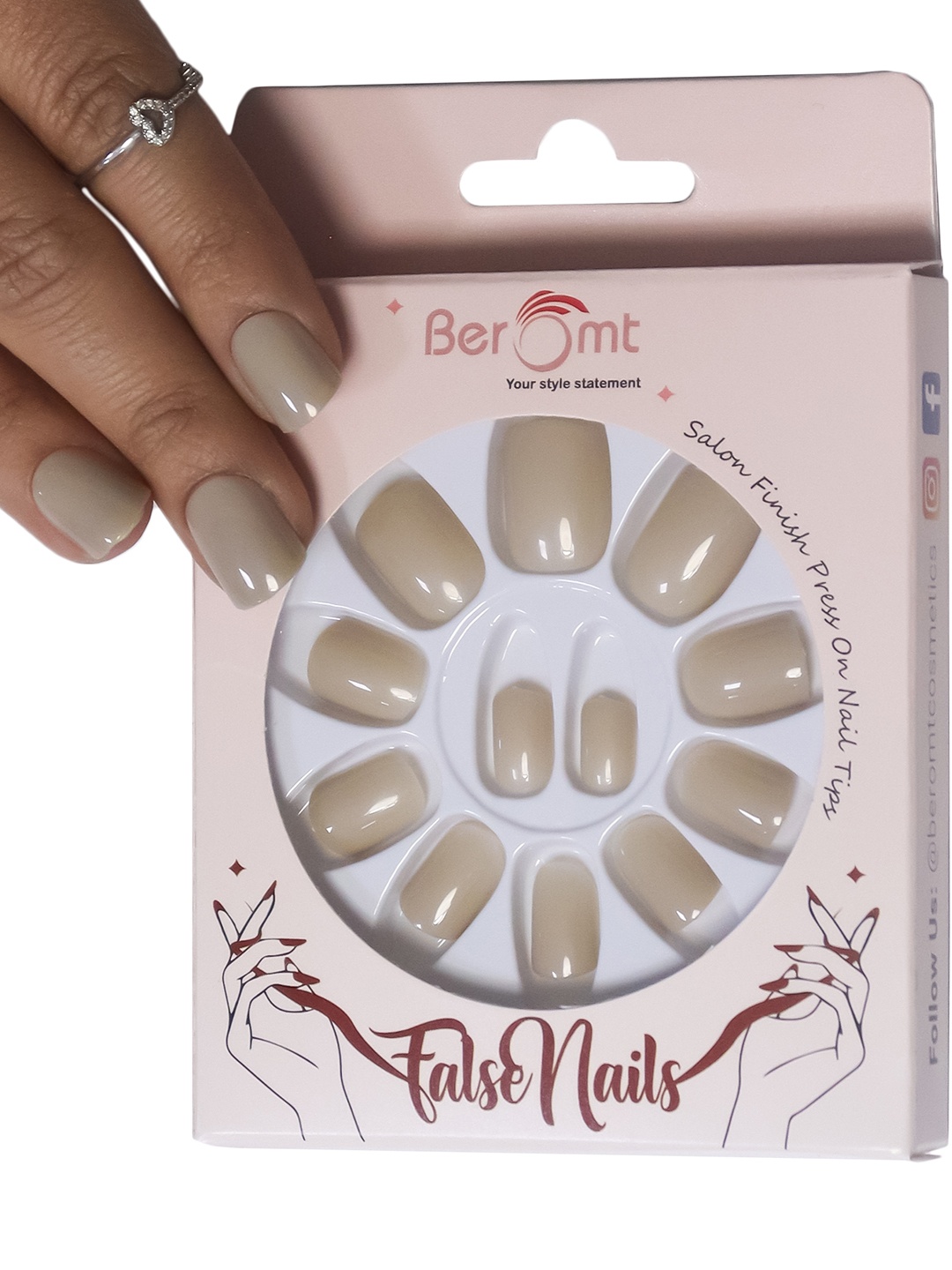 

BEROMT 12 Pcs Long-Lasting Reusable Premium Glossy Salon Finish Press on Nails - Shade 302, Tan