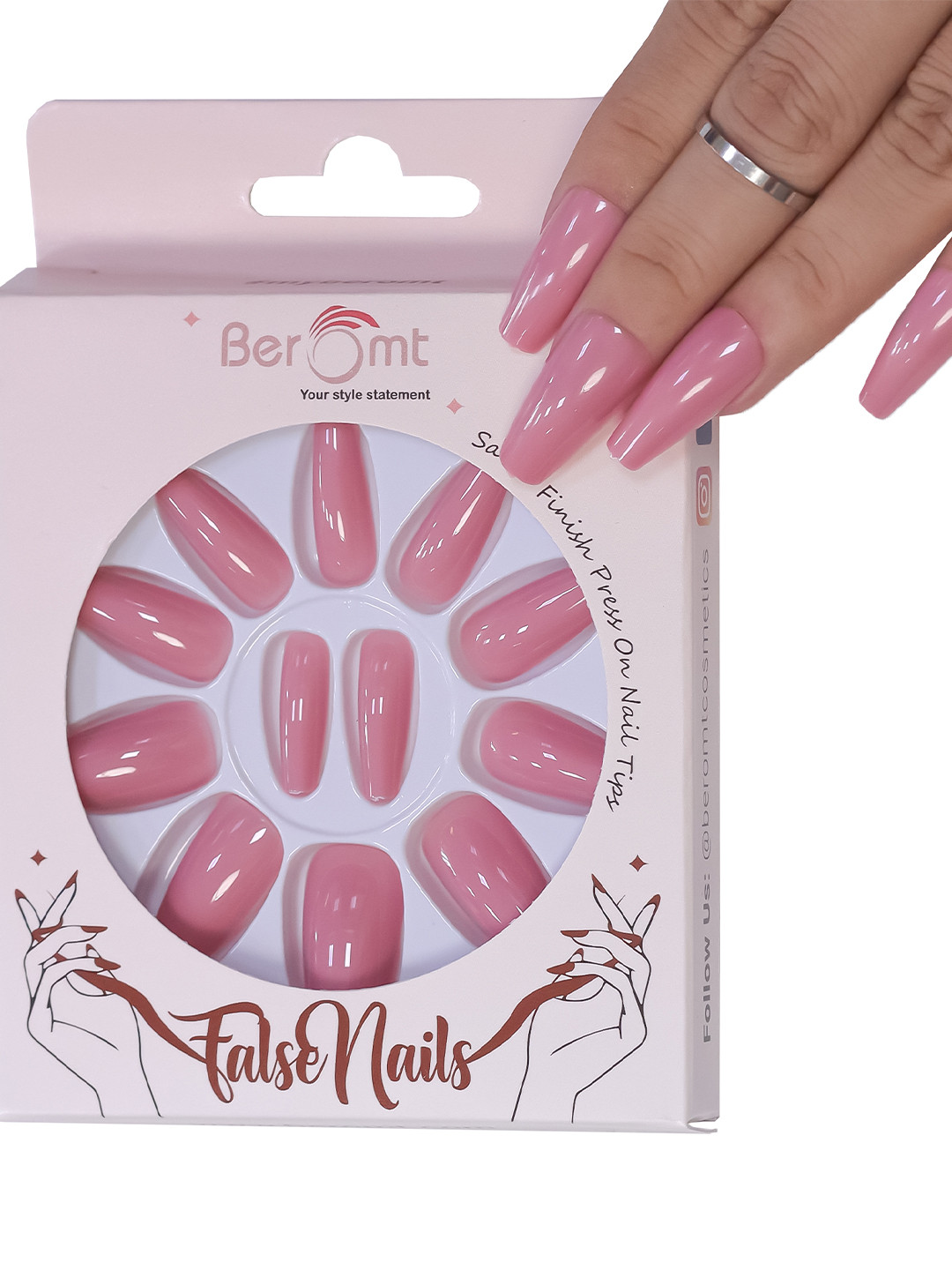 

BEROMT 12 Pcs Long-Lasting Reusable Lightweight Salon Finish Press on Nail Tips-422, Pink