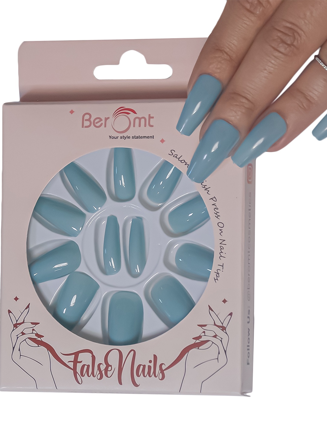 

BEROMT Salon Finish Premium Glossy Press-On False Nail Tips Kit - Shade 416, Blue