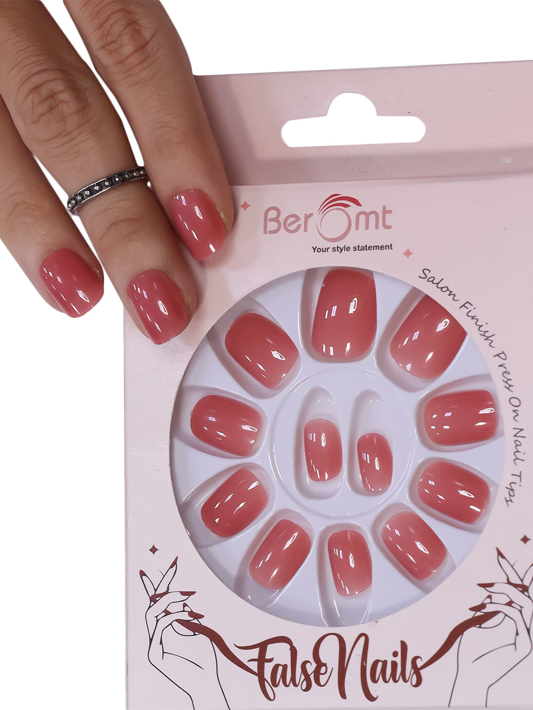 

BEROMT Salon Finish Premium Glossy Press-On False Nail Tips Kit - Shade 360, Red
