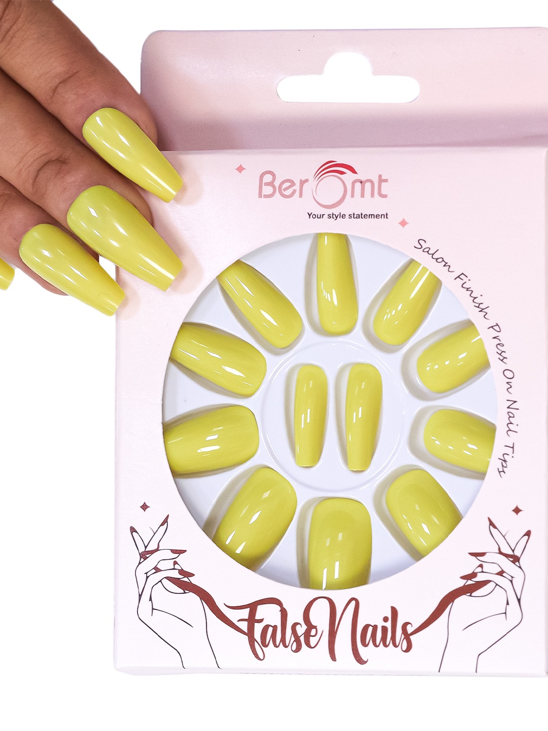 

BEROMT Salon Finish Premium Glossy Press-On False Nail Tips Kit - Shade 413, Yellow