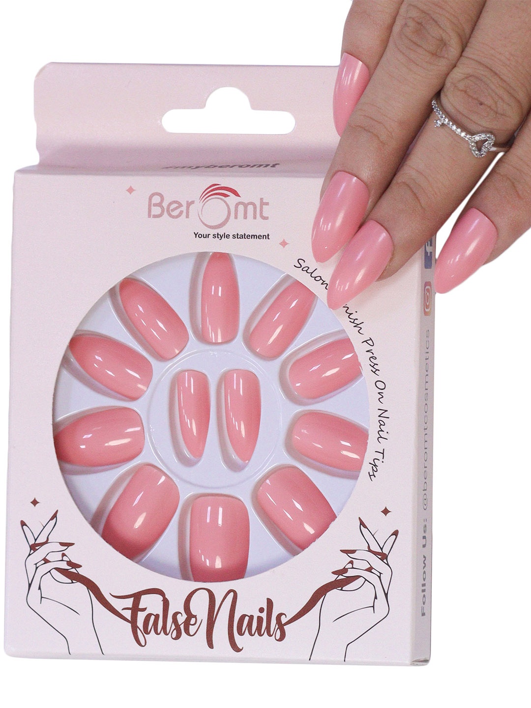 

BEROMT 12 Pcs Long-Lasting Reusable Premium Glossy Salon Finish Press on Nails - Shade 322, Pink