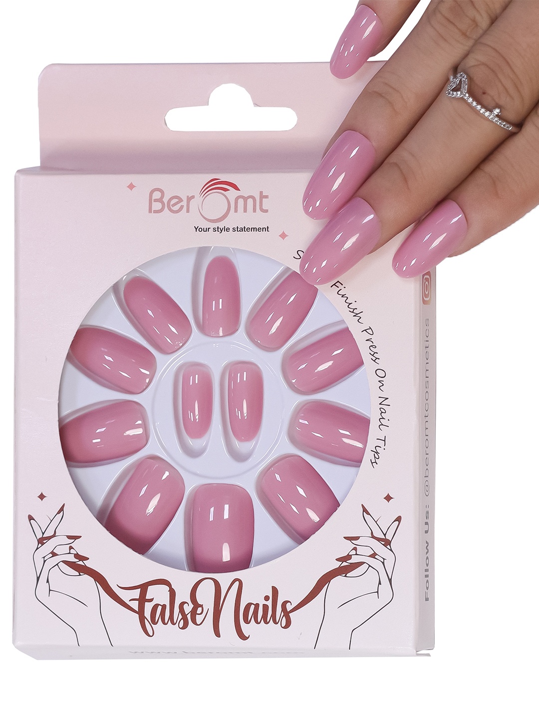 

BEROMT 12 Pcs Long-Lasting Reusable Lightweight Salon Finish Press on Nail Tips - 345, Pink