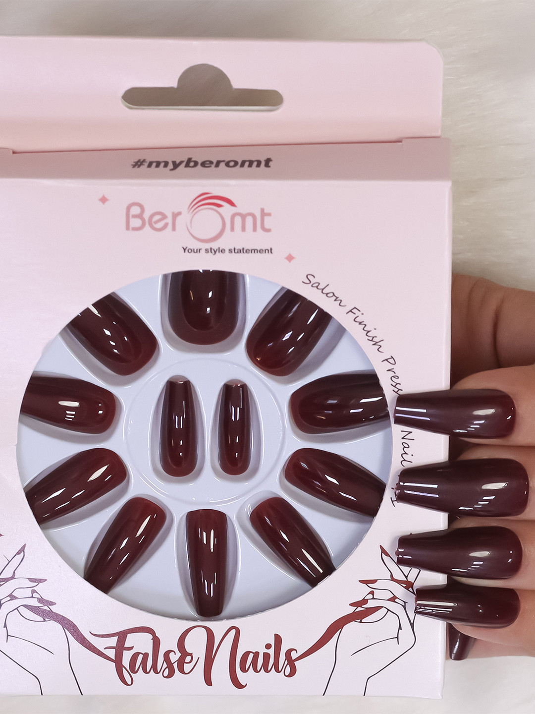 

BEROMT 12 Pcs Long-Lasting Reusable Lightweight Salon Finish Press on Nail Tips-424, Coffee brown