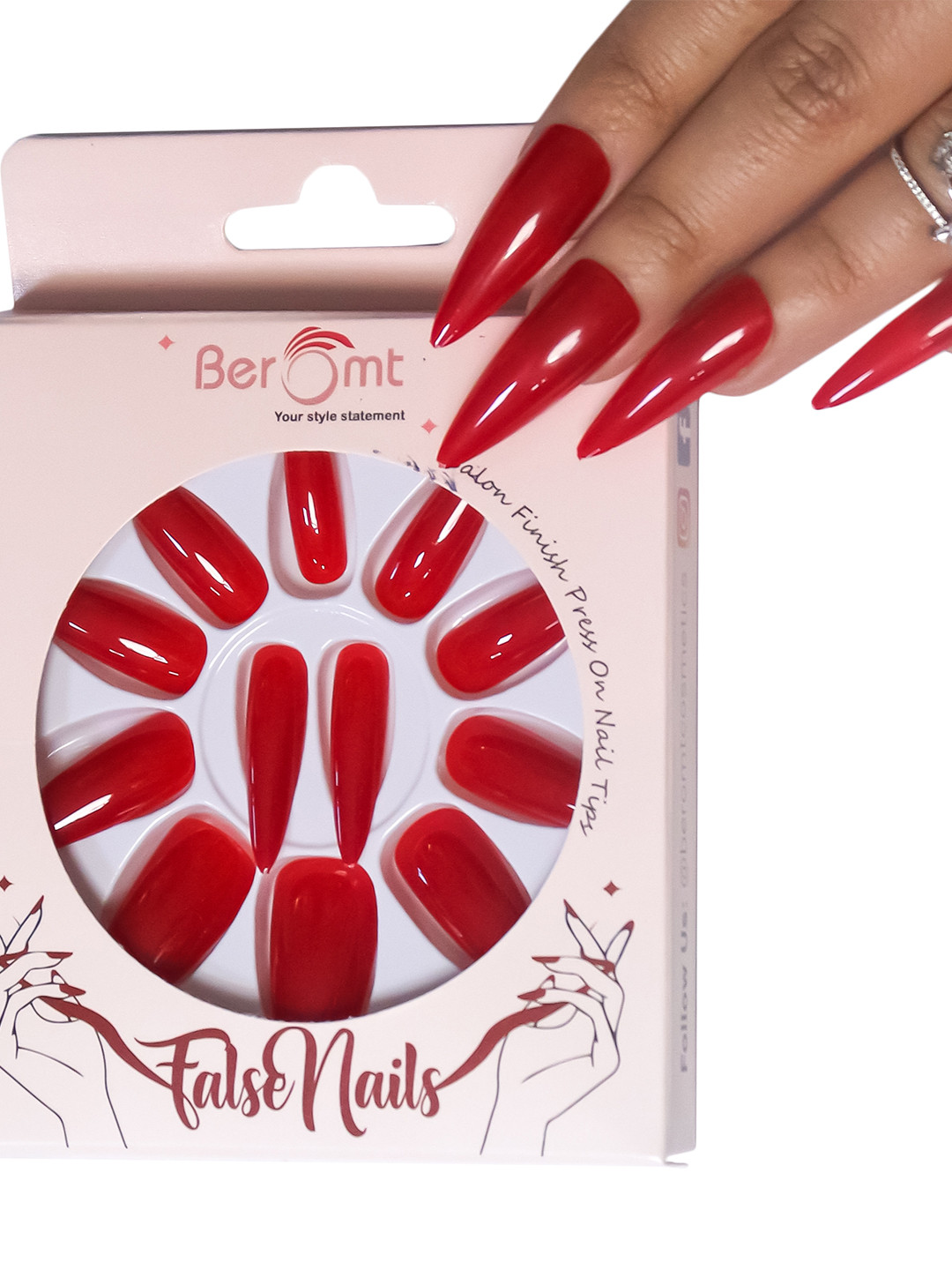 

BEROMT Salon Finish Premium Glossy Press-On False Nail Tips Kit - Shade 410, Red