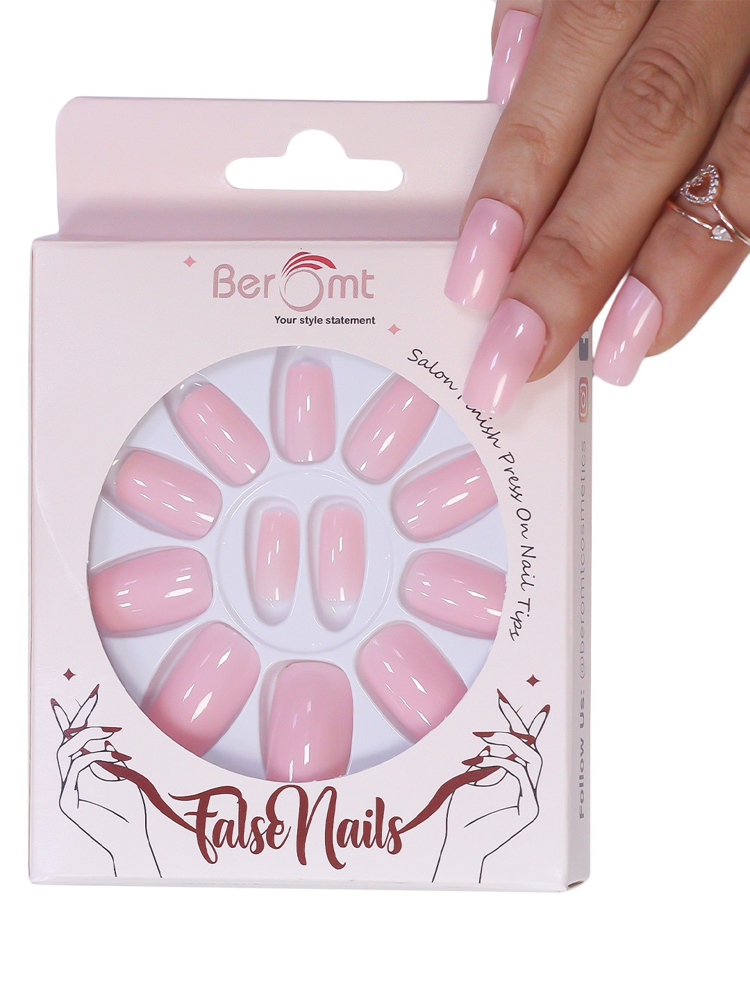 

BEROMT 12 Pcs Long-Lasting Reusable Premium Glossy Salon Finish Press on Nails - Shade 314, Pink