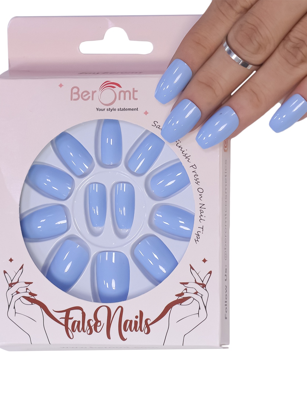 

BEROMT 12 Pcs Long-Lasting Reusable Lightweight Salon Finish Press on Nail Tips-427, Blue